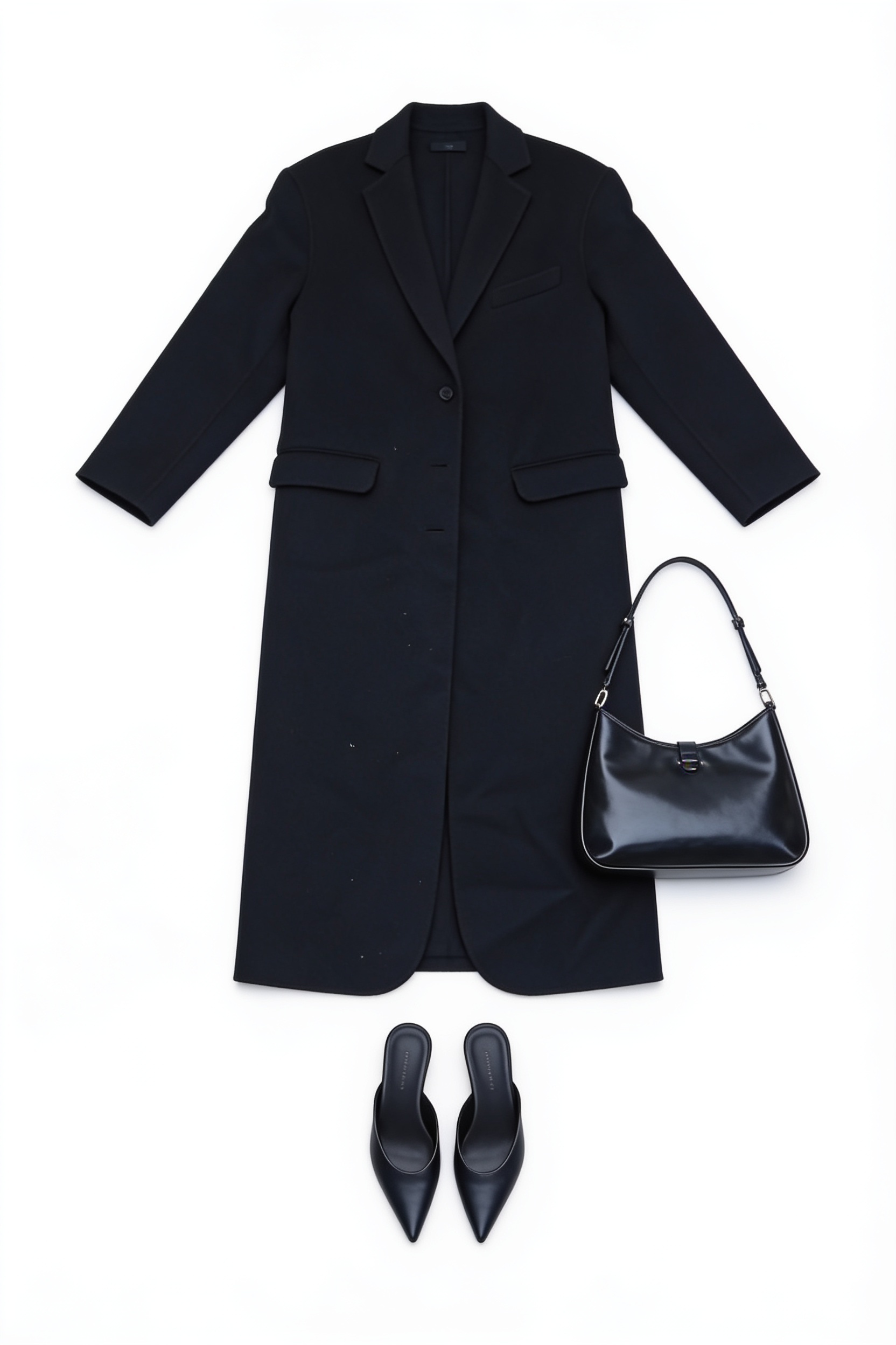 Black tailored long coat and trousers