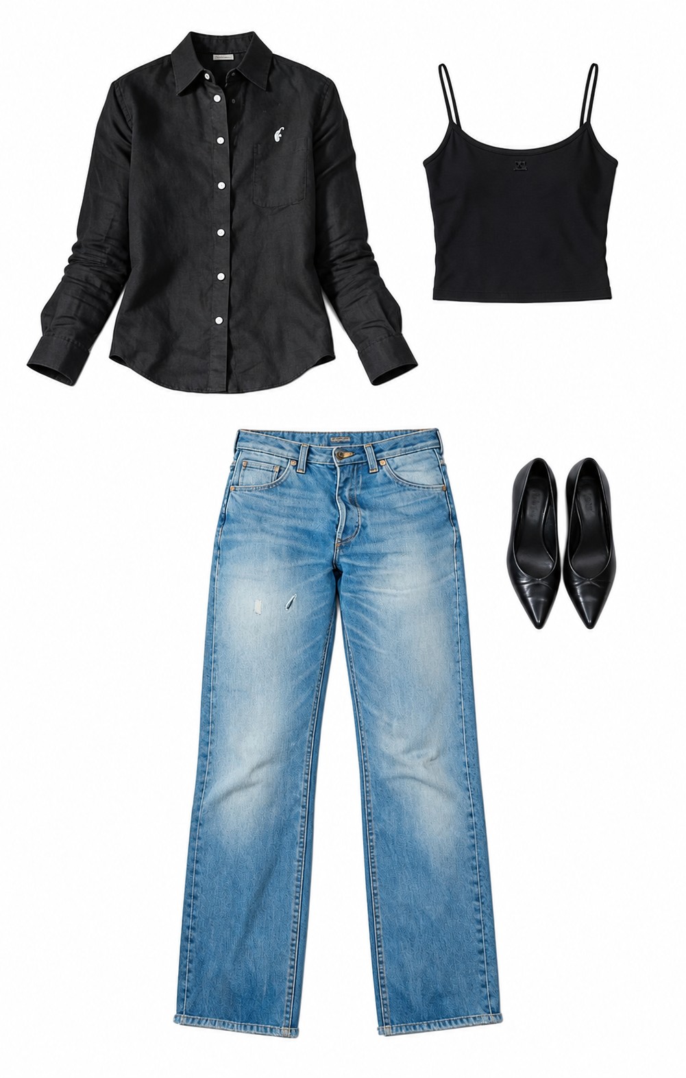 Black cropped jacket and blue jeans