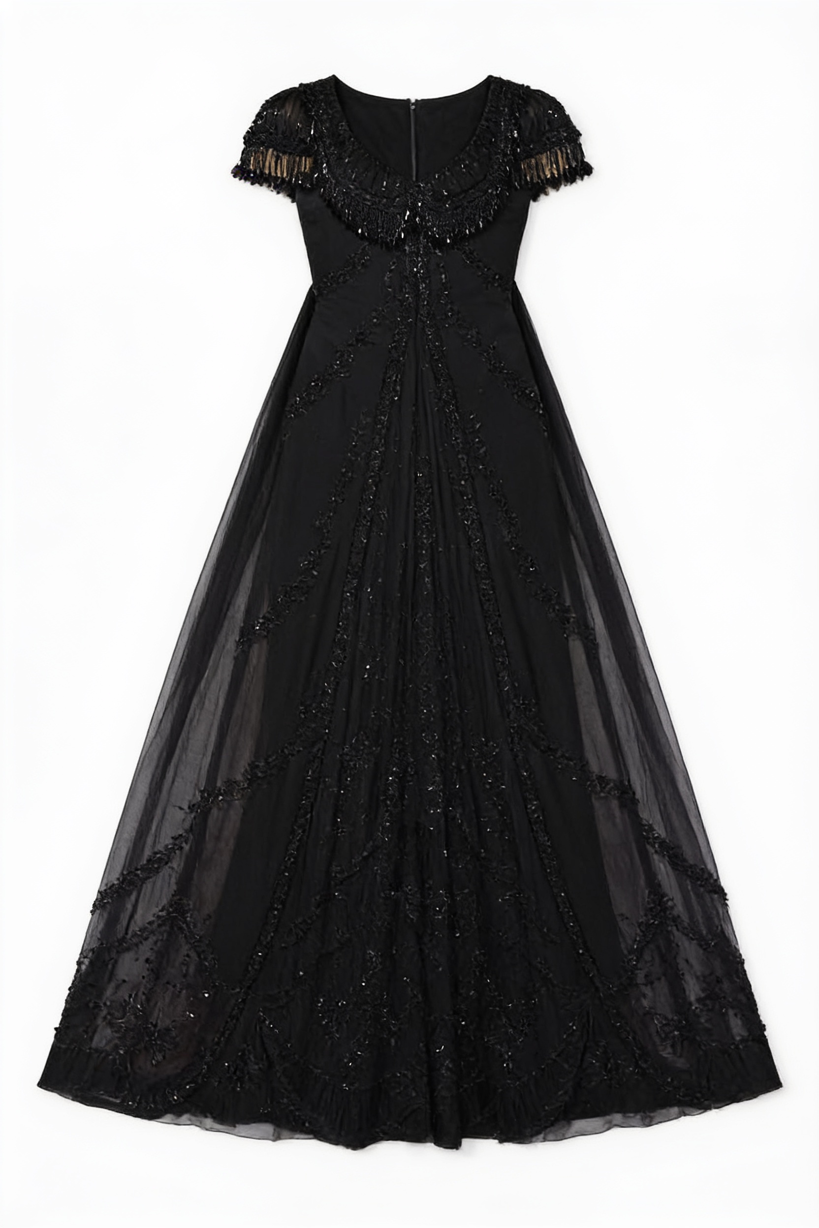 Black lace cap-sleeve gown
