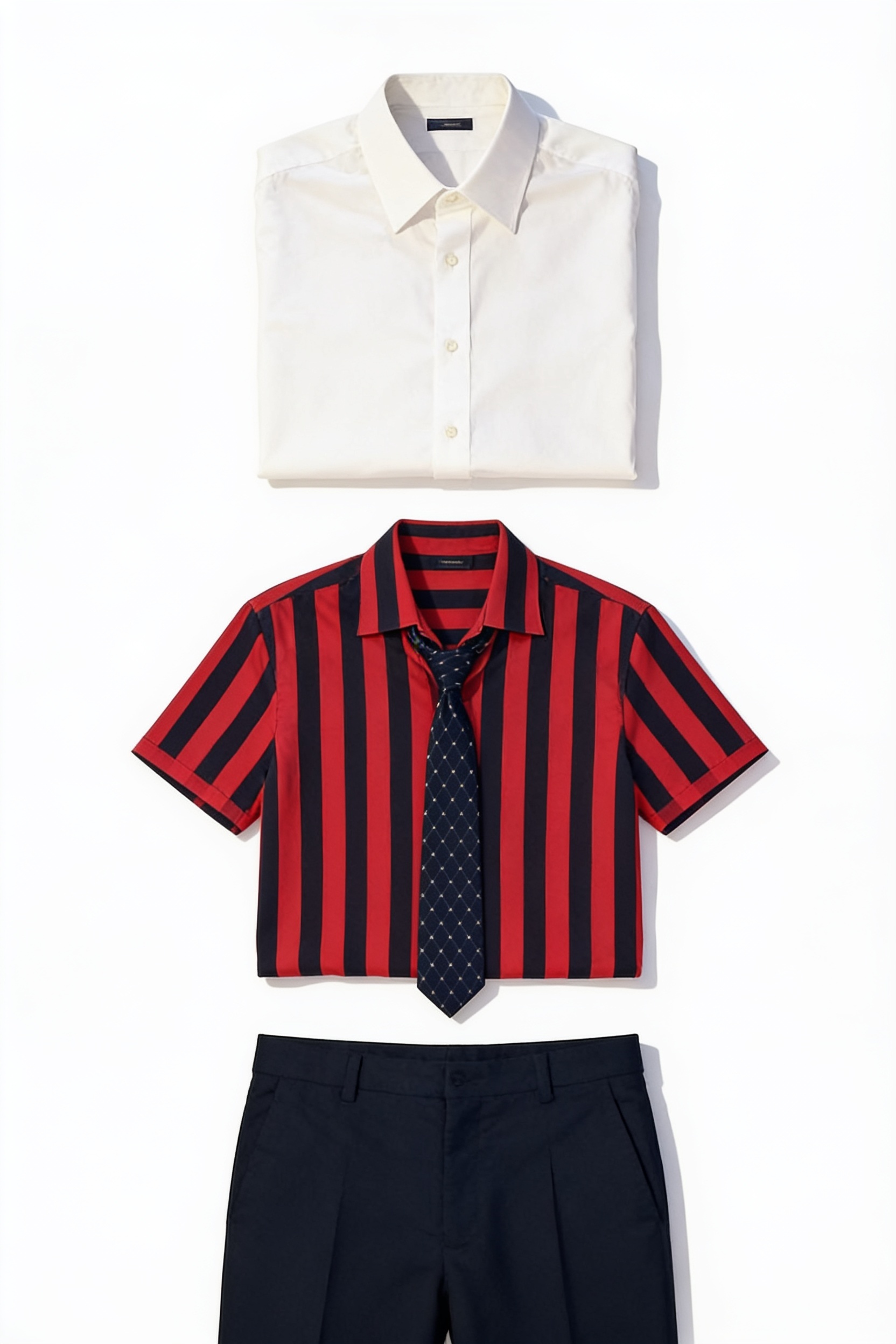 Red striped shirt and black baggy trousers