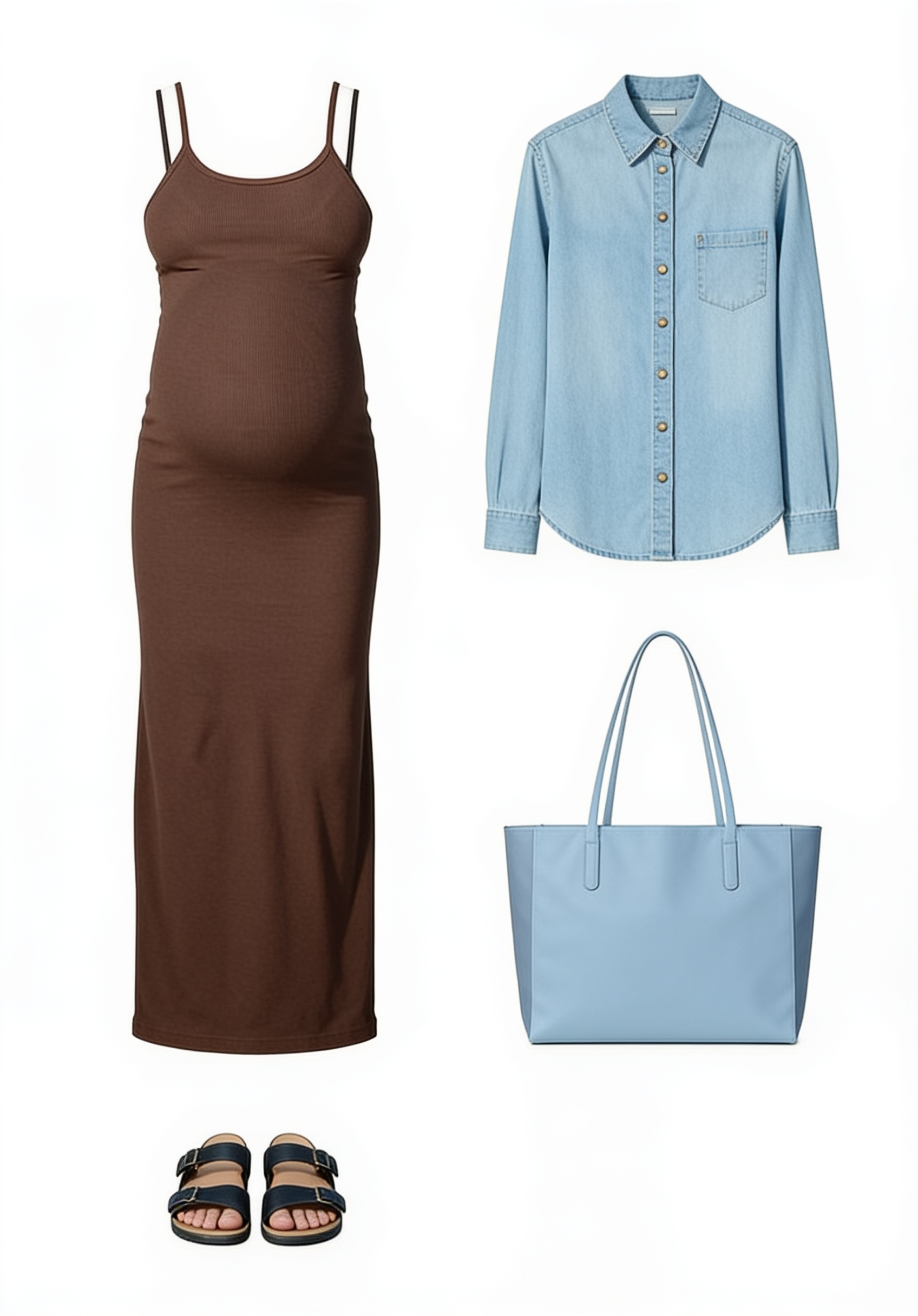 Brown sleeveless maxi dress and flat sandals