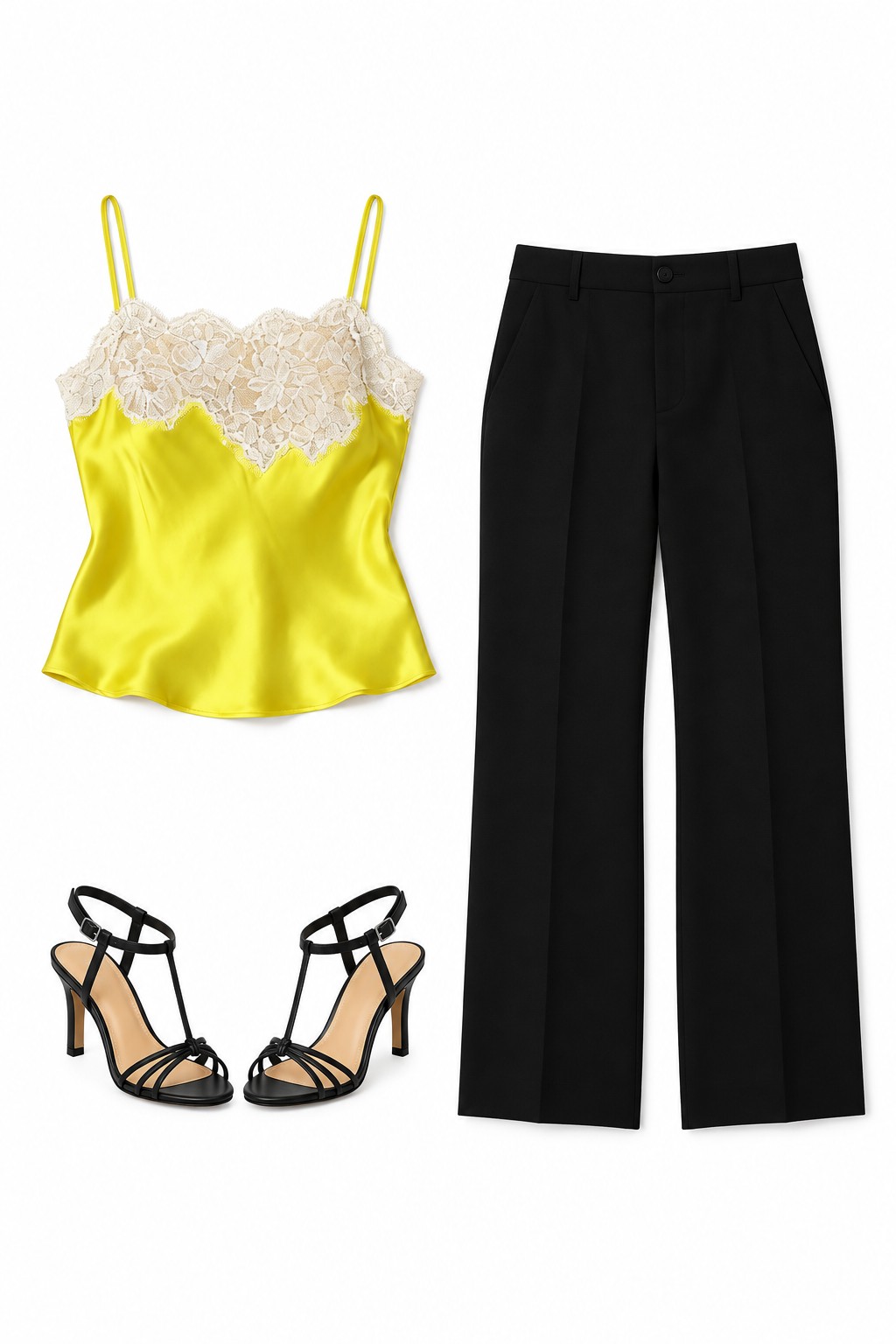 Lime lace-trim camisole and black trousers