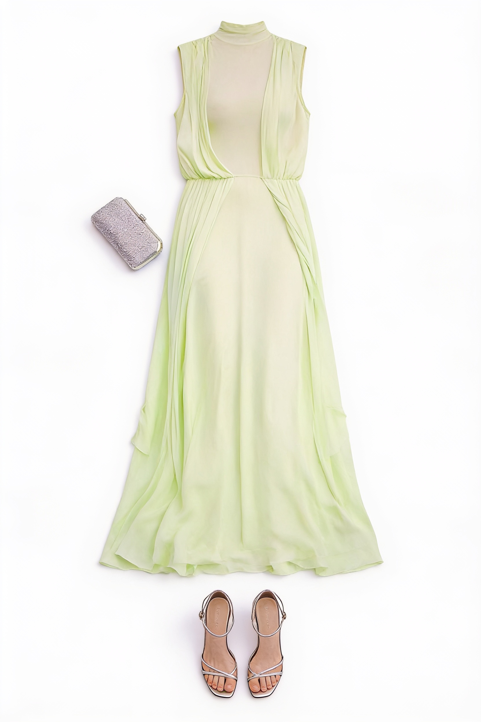 Pale lime pleated cape gown