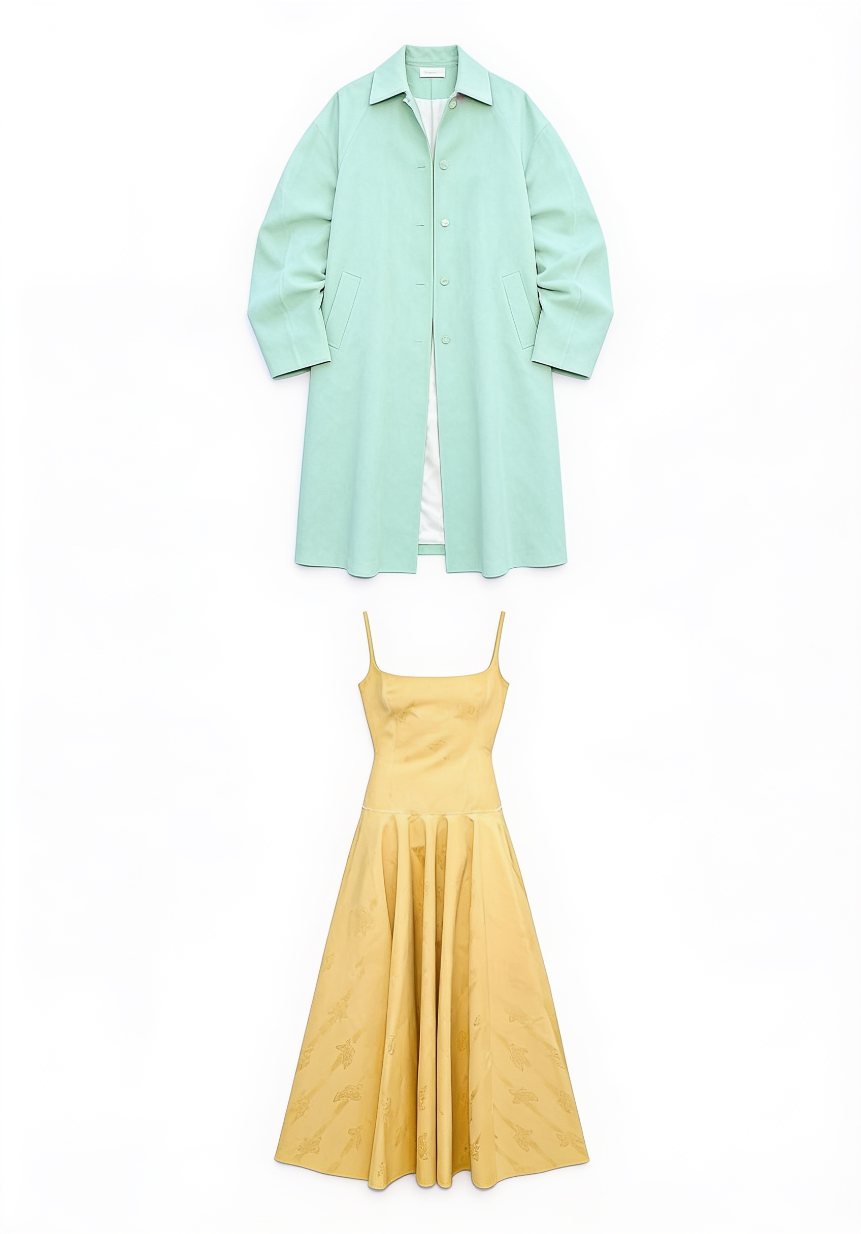 Yellow midi dress and mint long coat