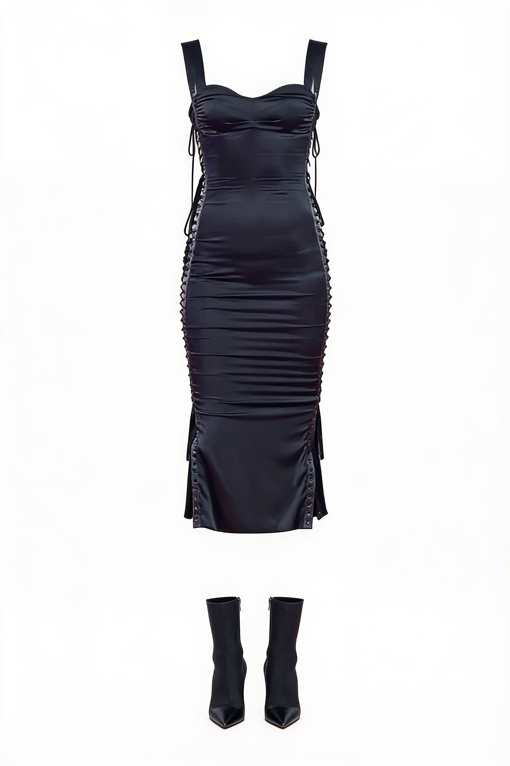 Black ruched midi dress and tall boots