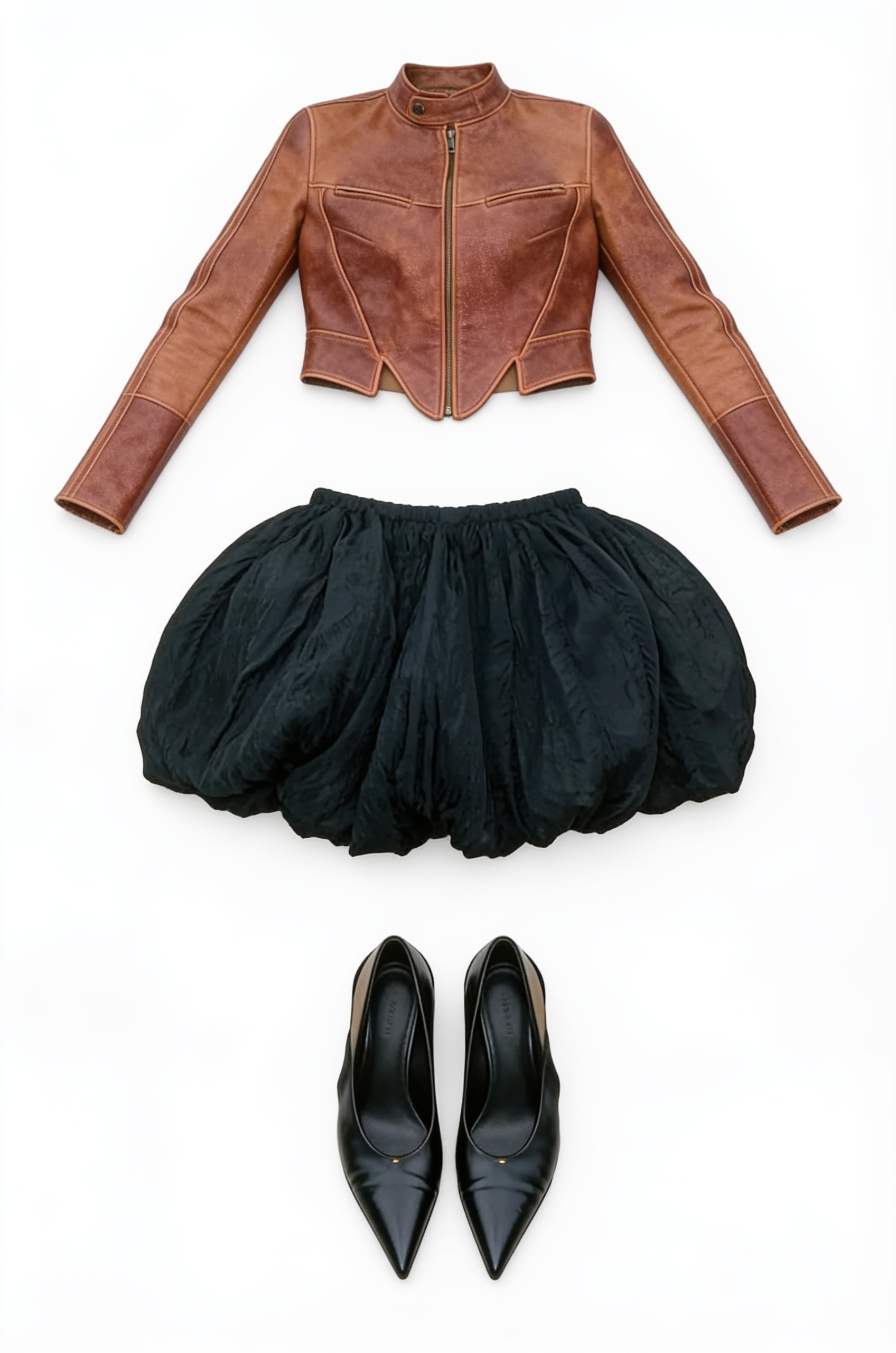 Brown leather blouse and black bubble skirt