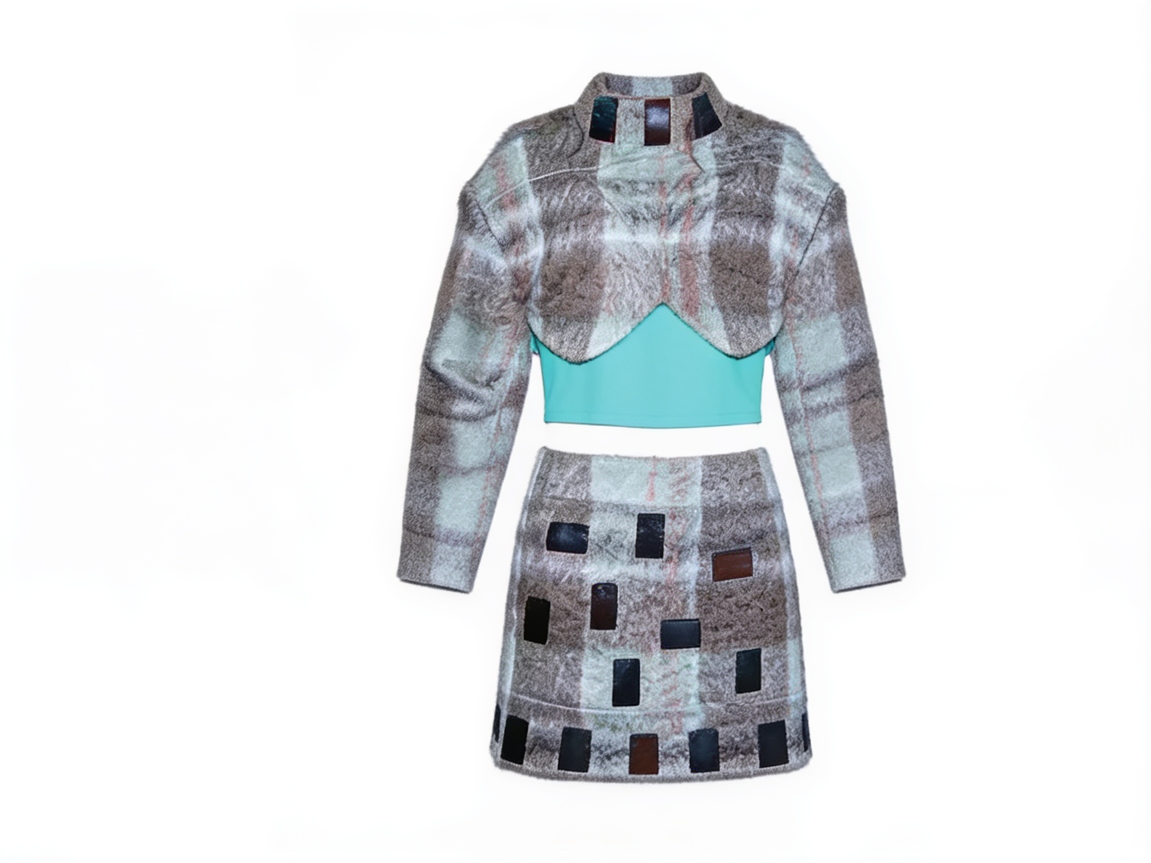 Grey checked jacket and skirt with turquoise top