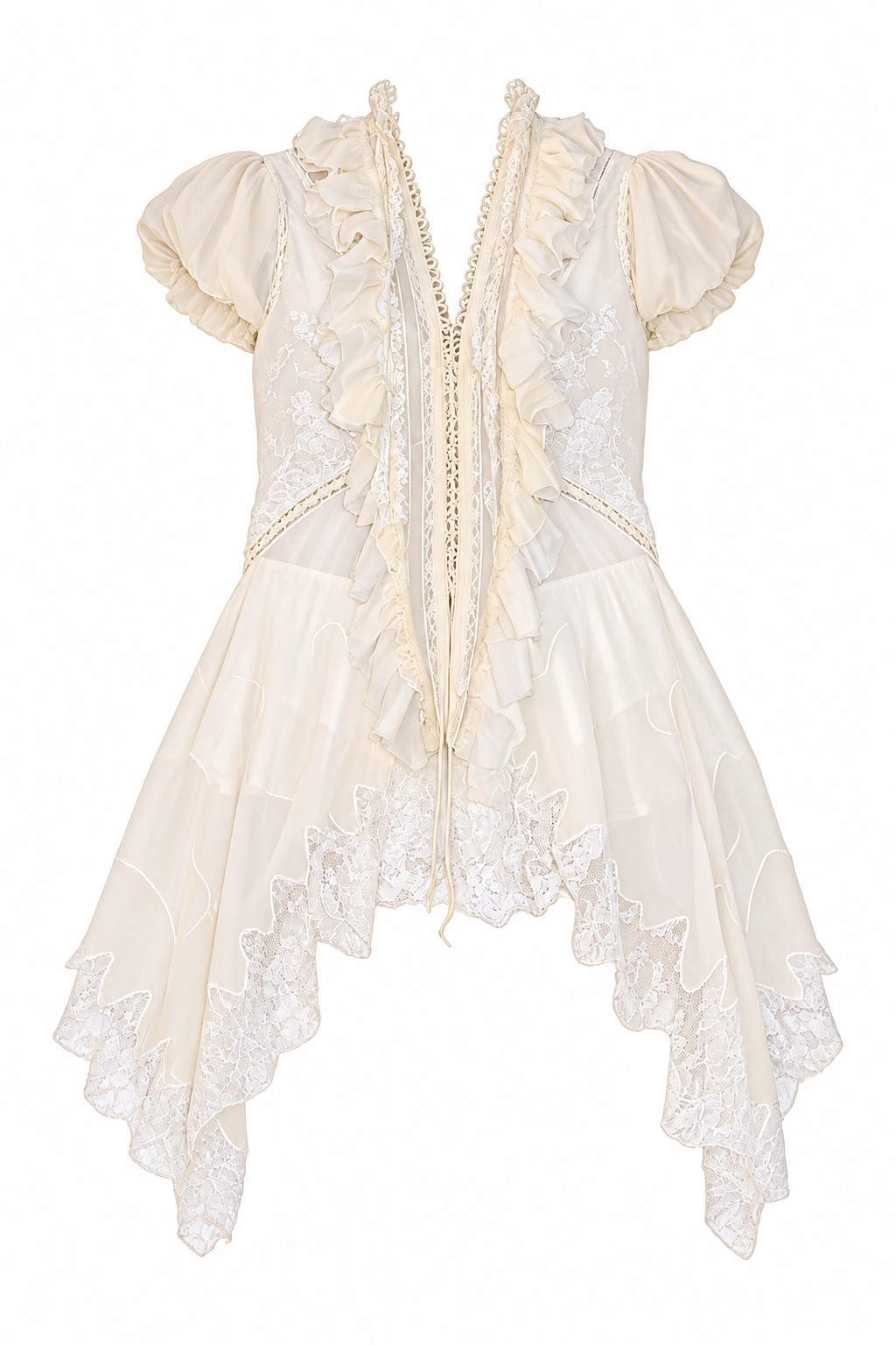 Ivory lace-trim ruffle mini dress