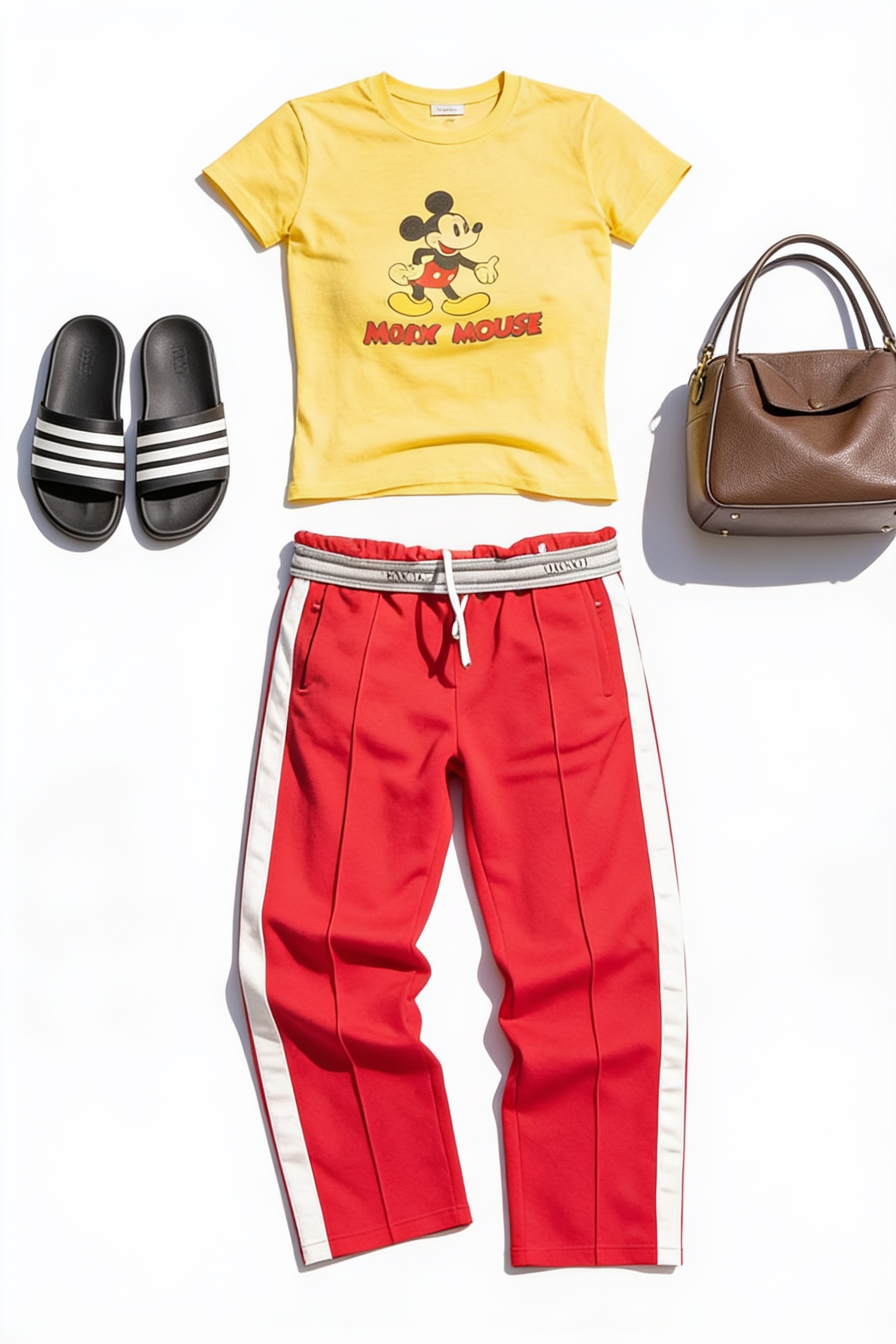 Yellow graphic tee and red track trousers