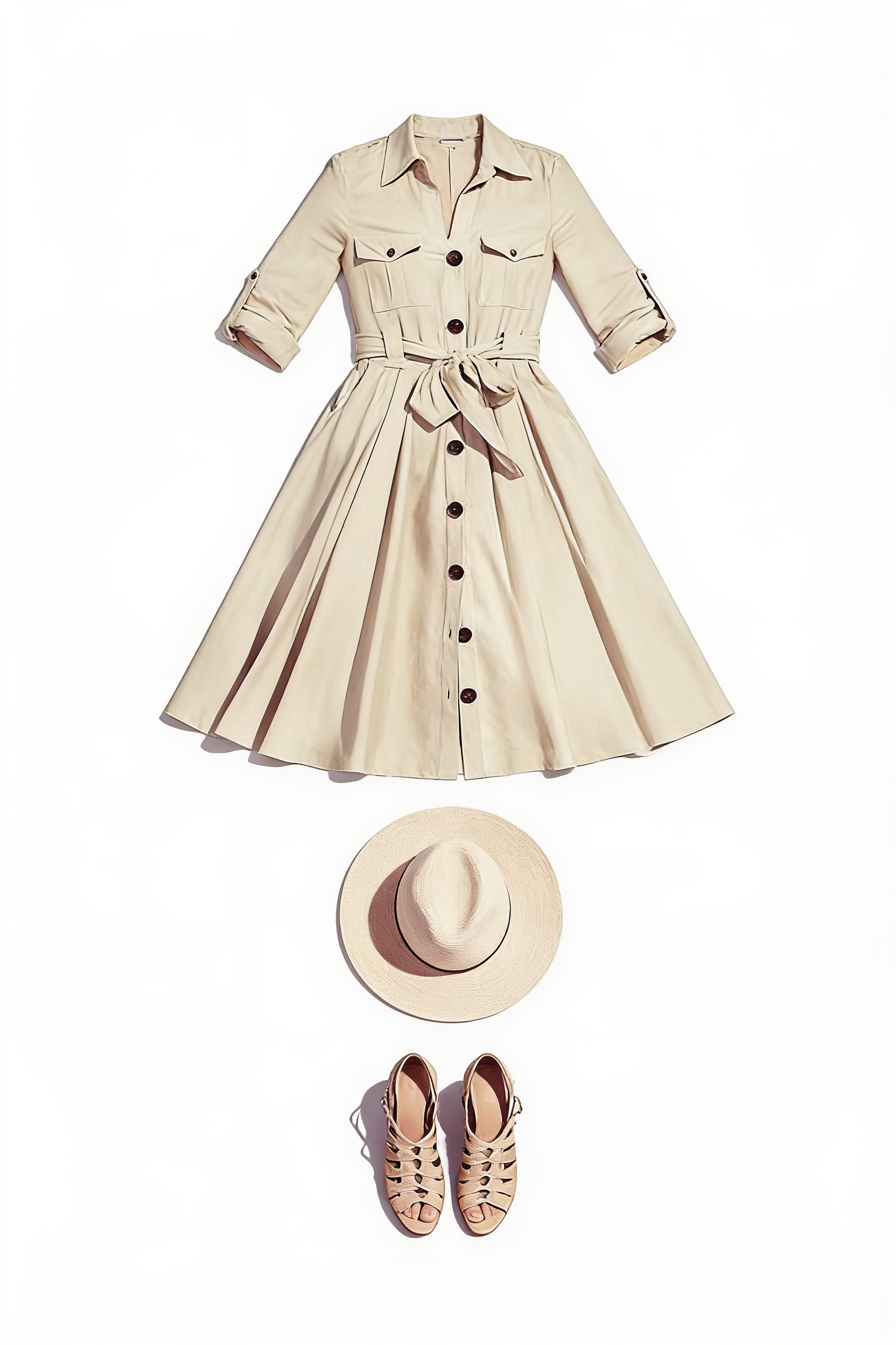 Beige belted shirt dress