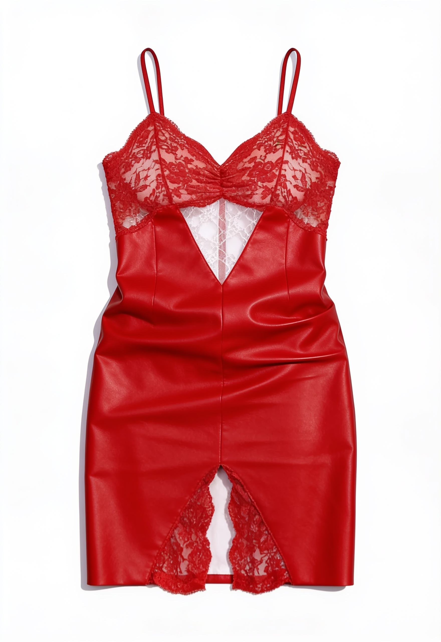Red satin lace-trim mini dress