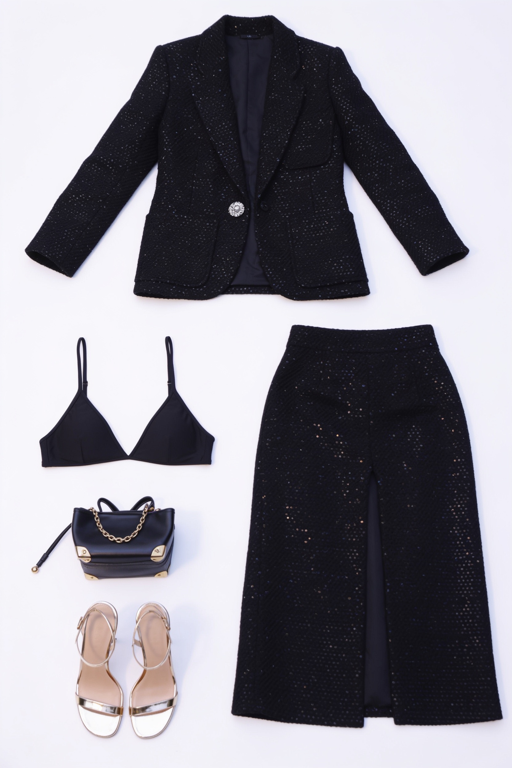 Black cropped jacket and split midi skirt