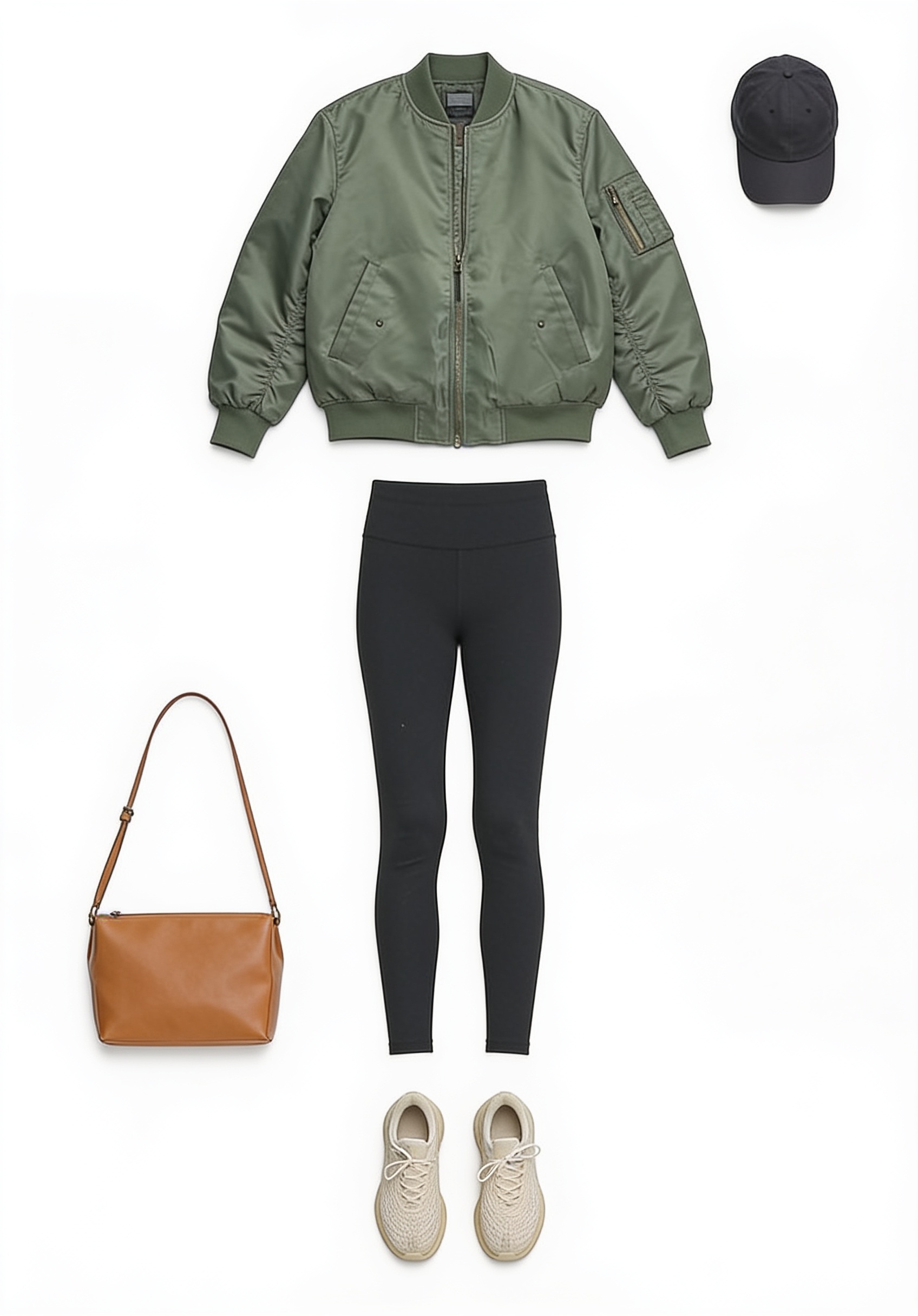 Olive bomber jacket and black leggings