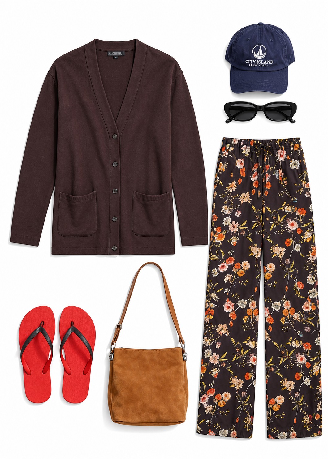 Brown cardigan and floral wide-leg trousers