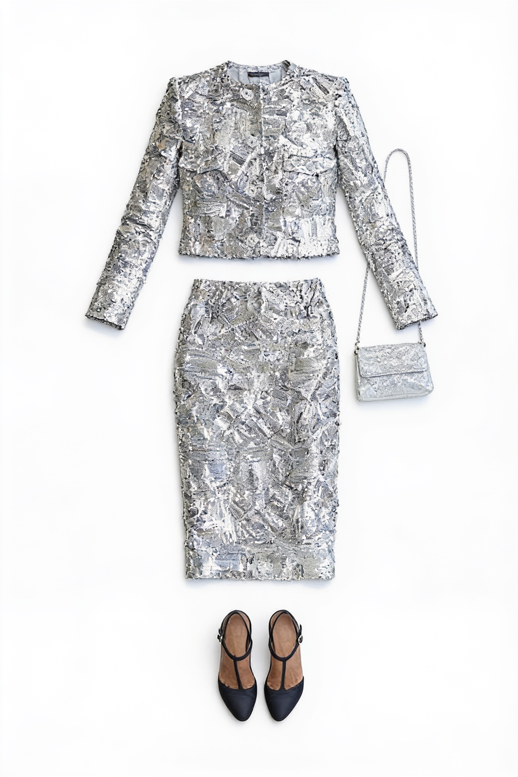 Silver textured jacket and pencil skirt