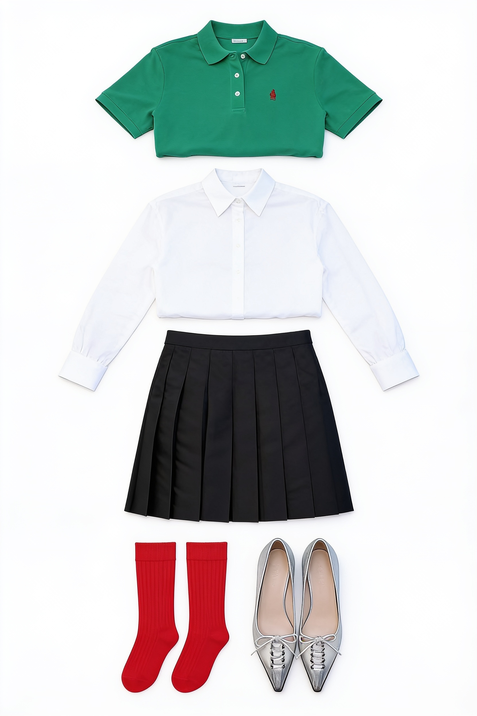Green polo layered over white shirt and pleated skirt