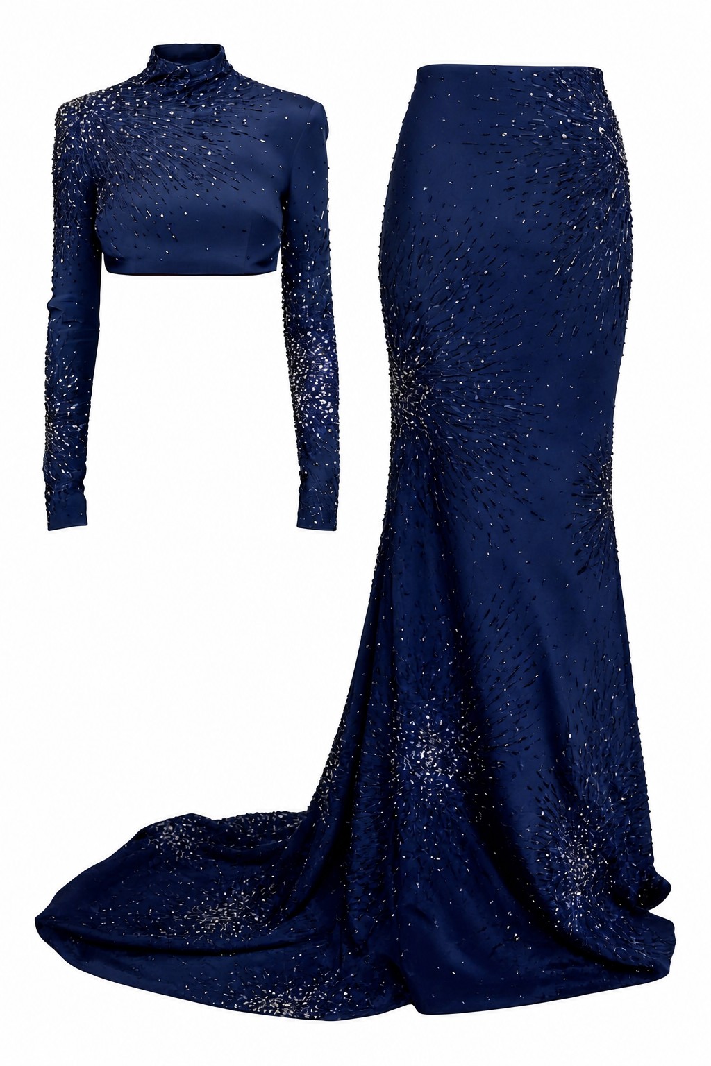 Midnight-blue embellished top and maxi skirt