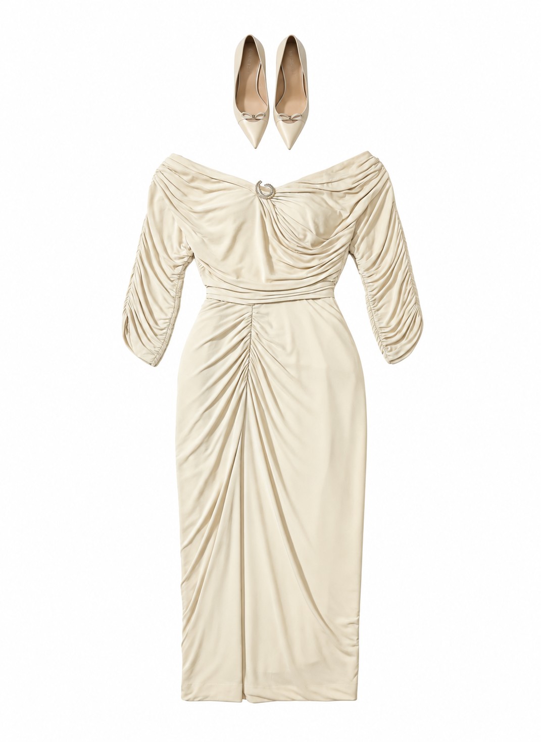 Ivory off-shoulder ruched midi dress