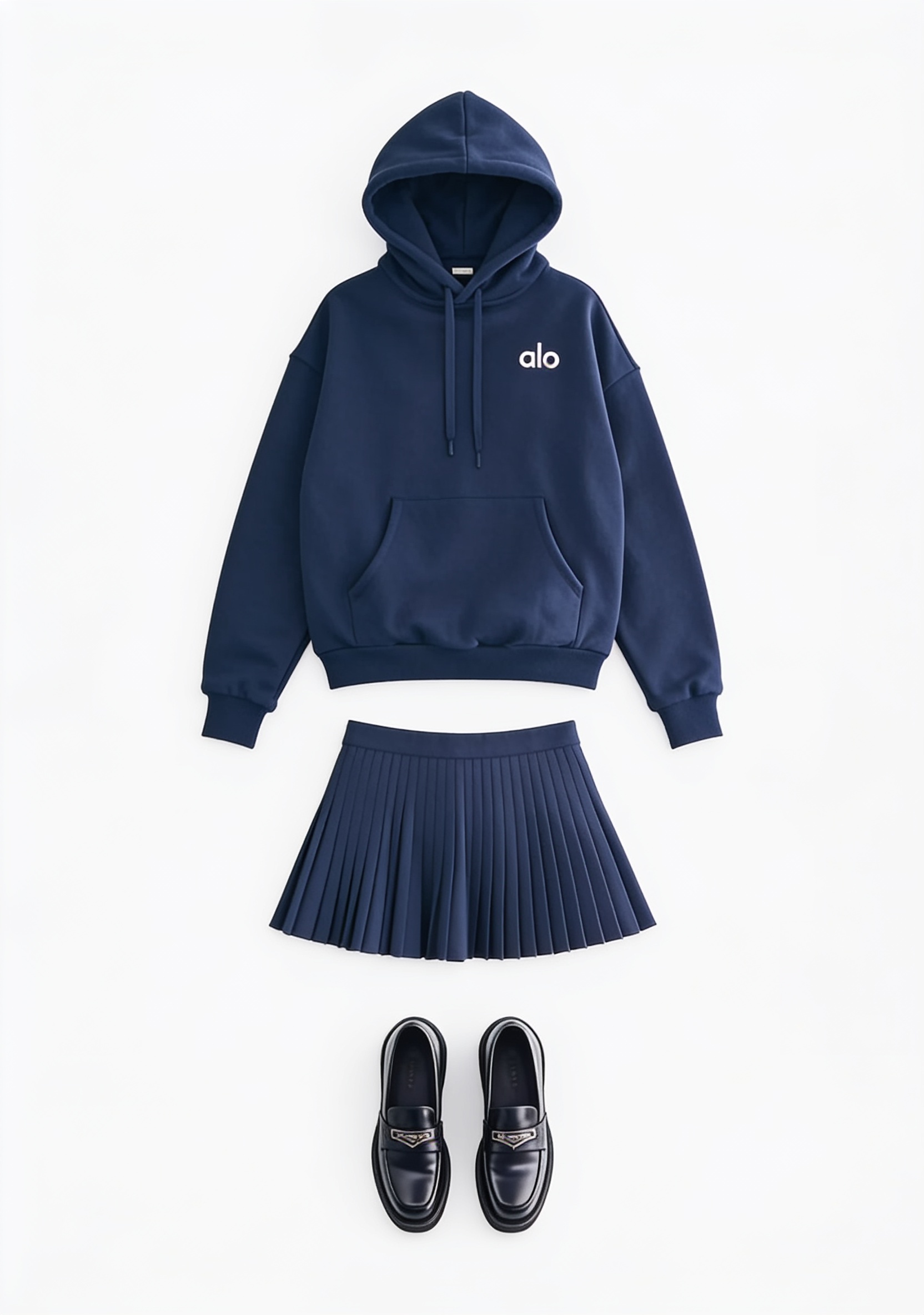 Navy sweatshirt and pleated mini skirt