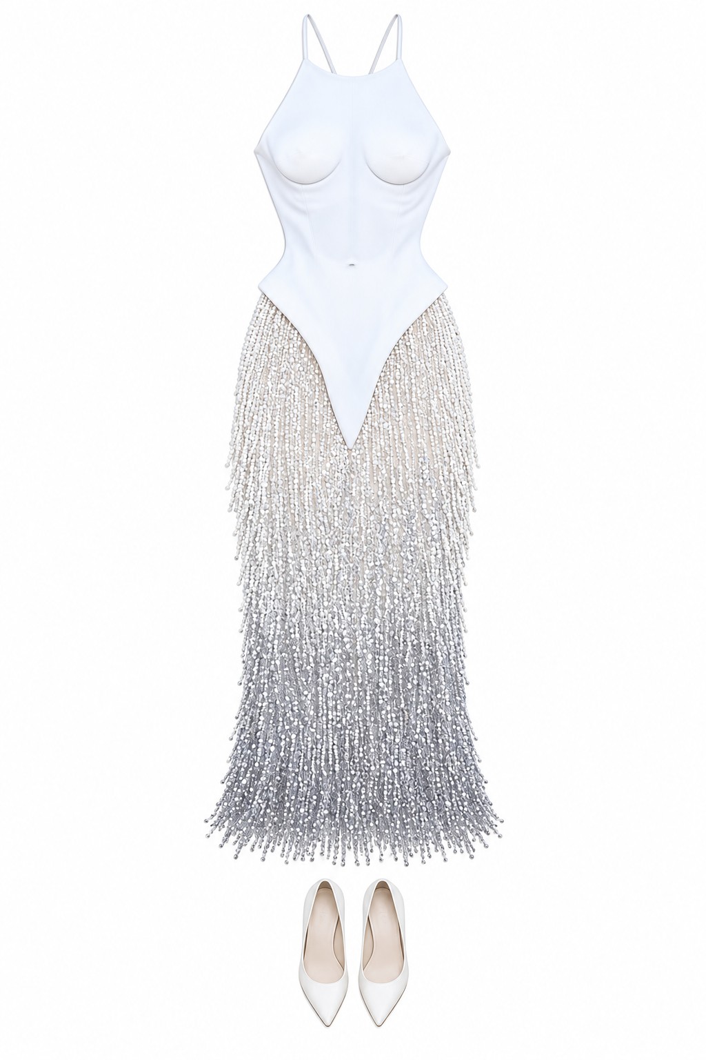 White sculptural halter gown with silver beaded skirt