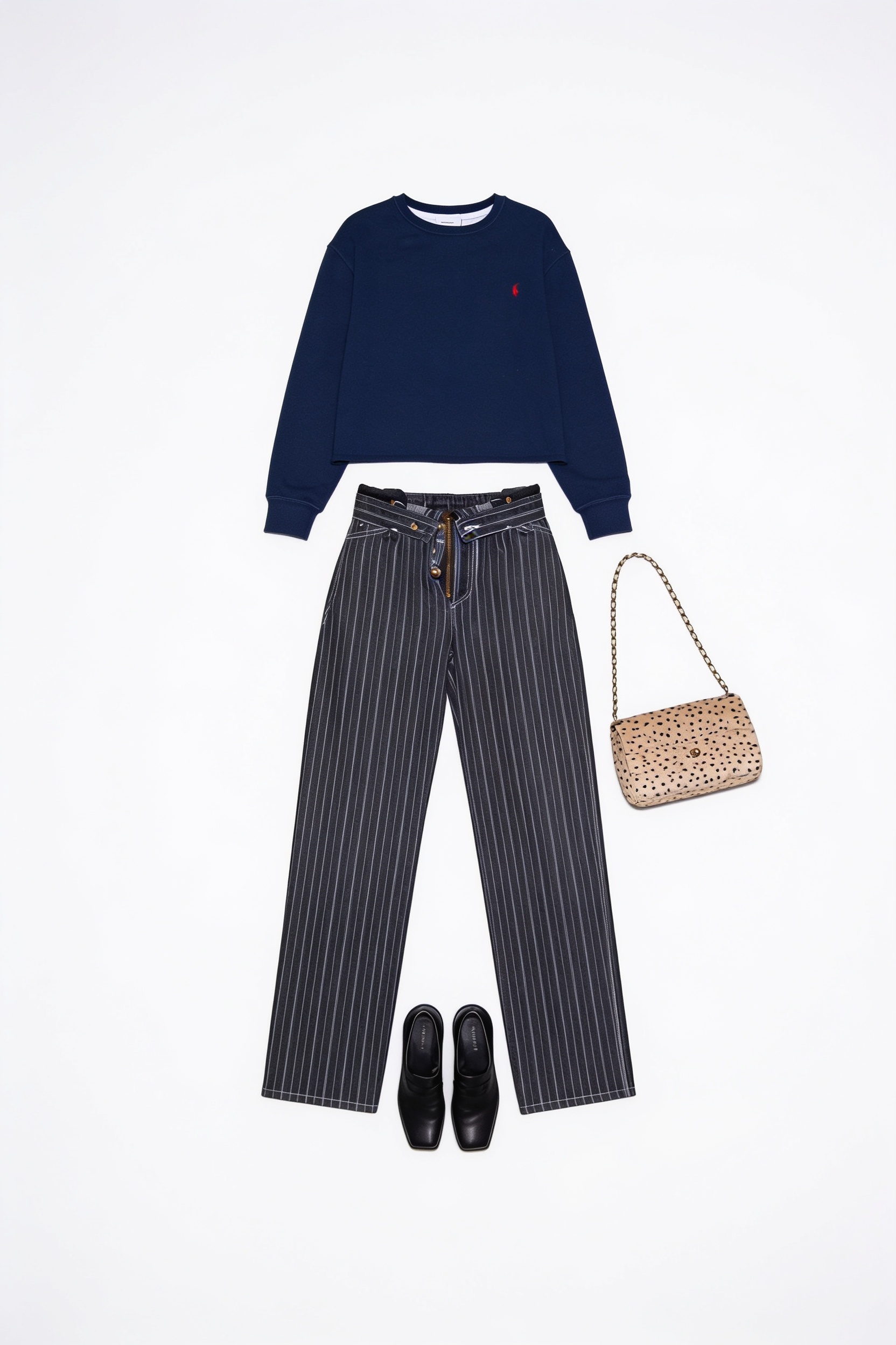 Navy sweater and grey wide-leg jeans