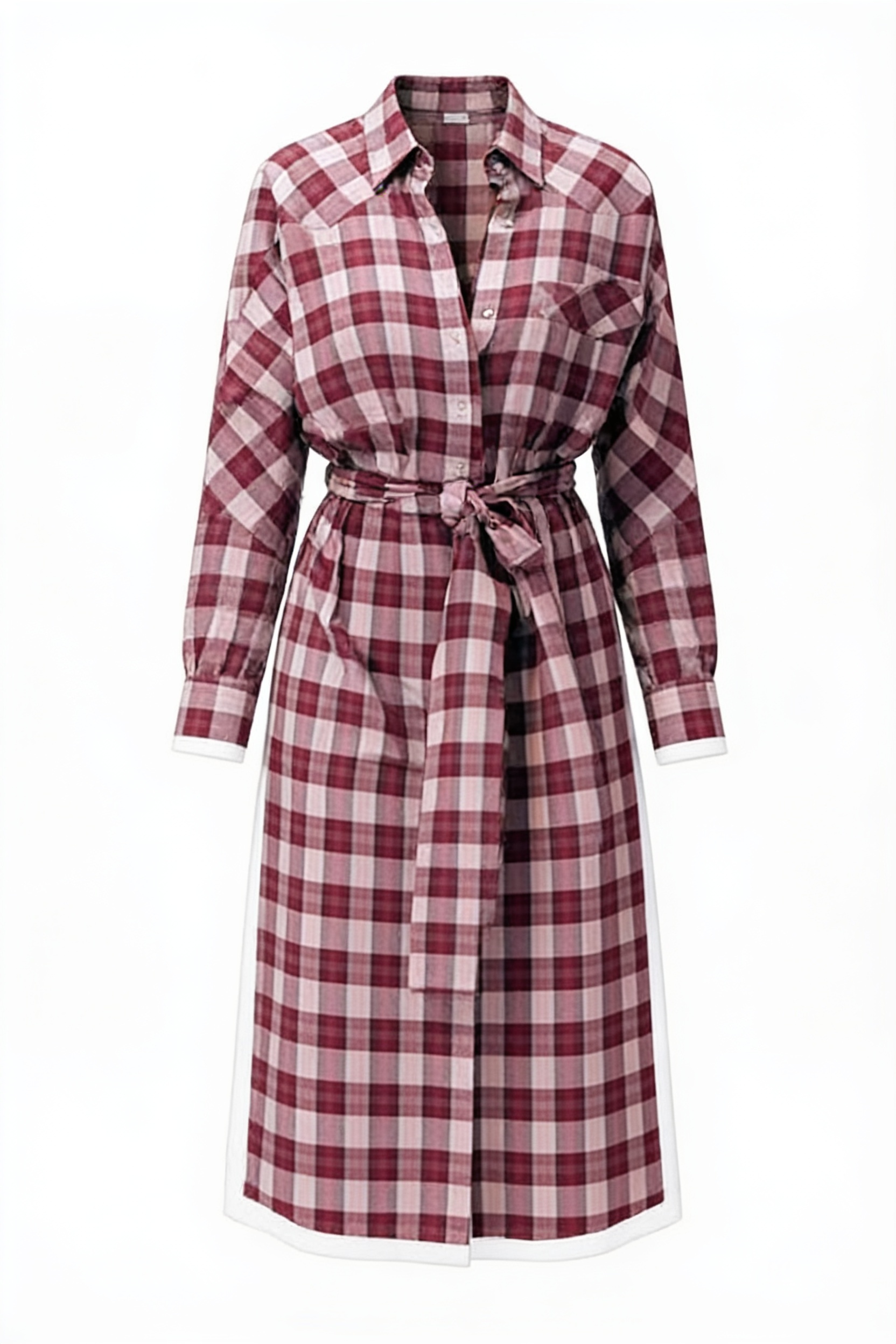 Red checked tie-waist shirt dress