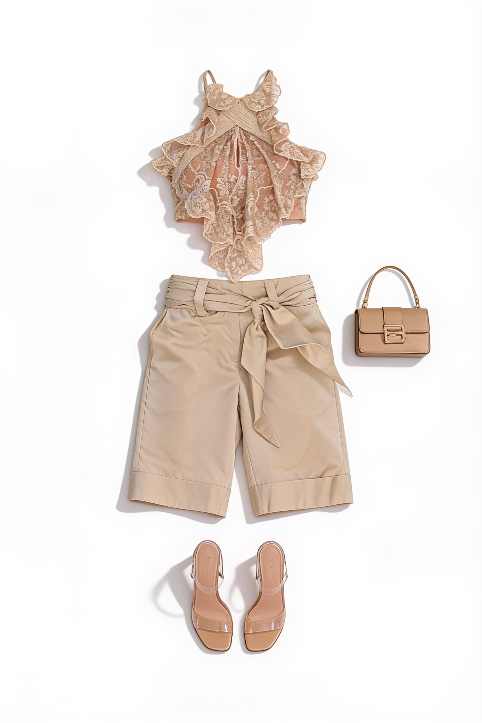 Beige lace halter top and Bermuda shorts