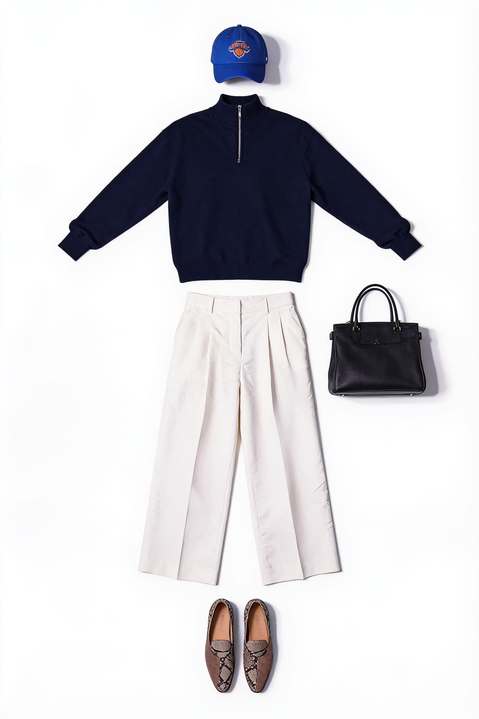 Navy sweater and white wide-leg trousers