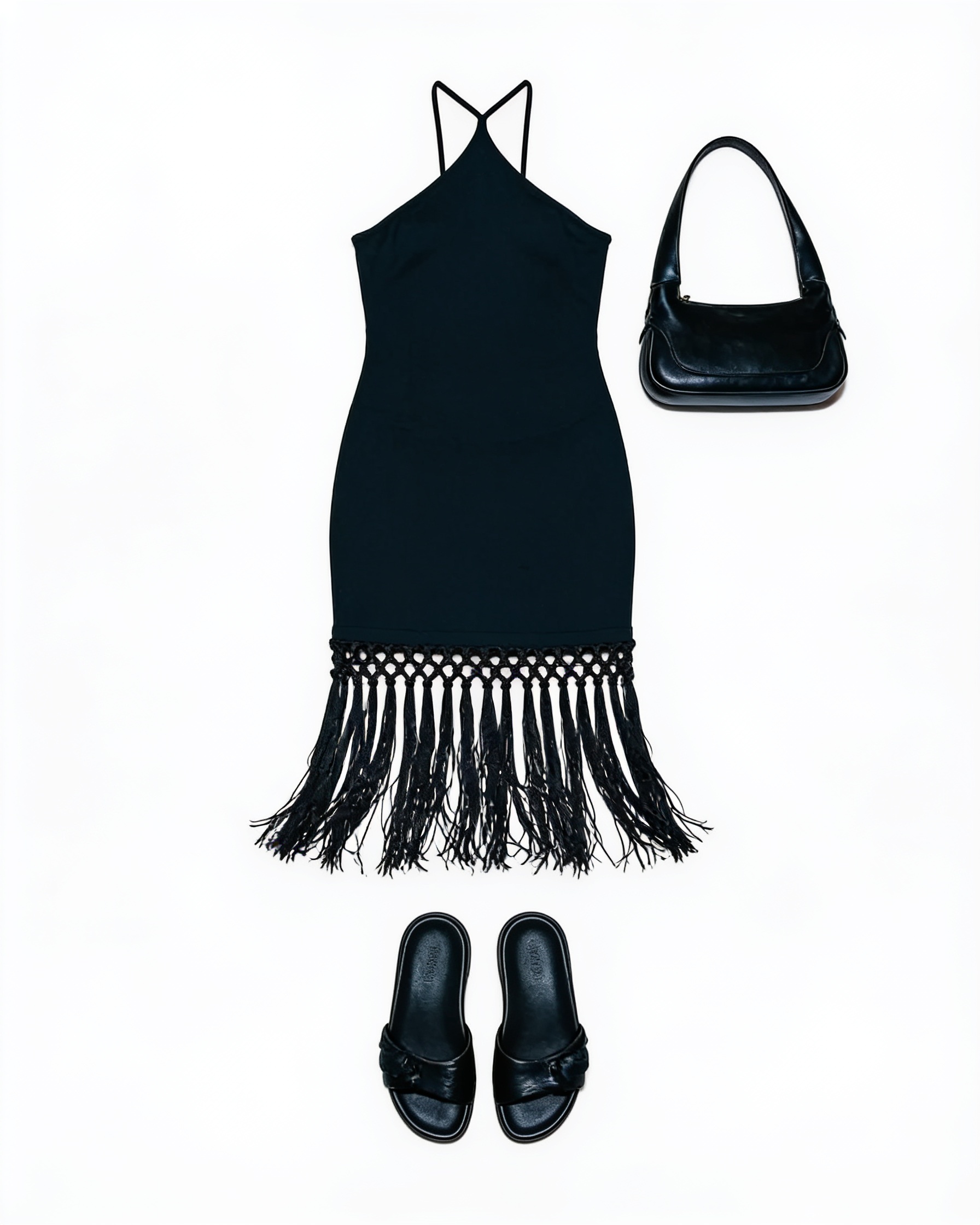 Black halter mini dress with fringe hem