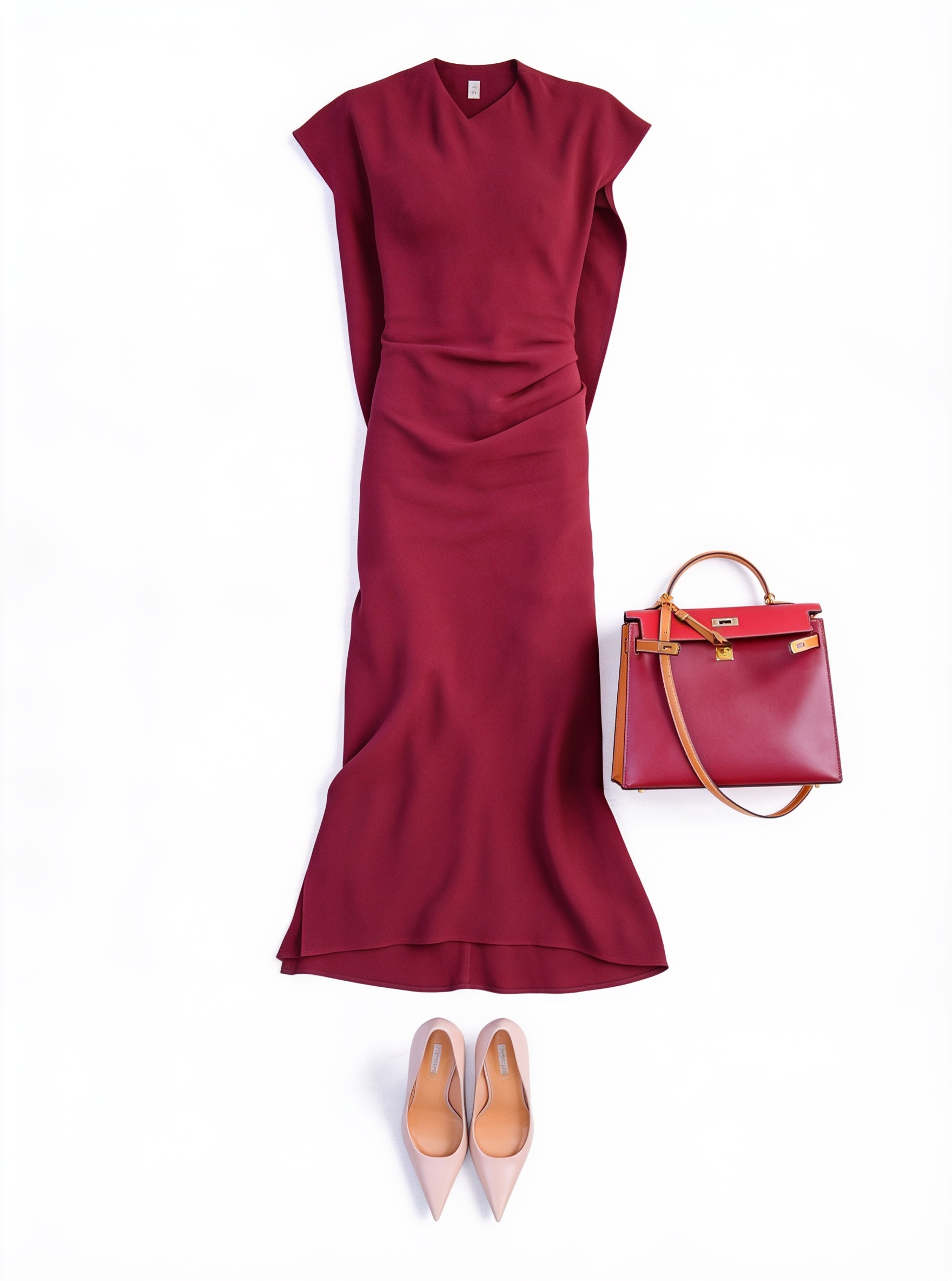 Burgundy draped cap-sleeve midi dress