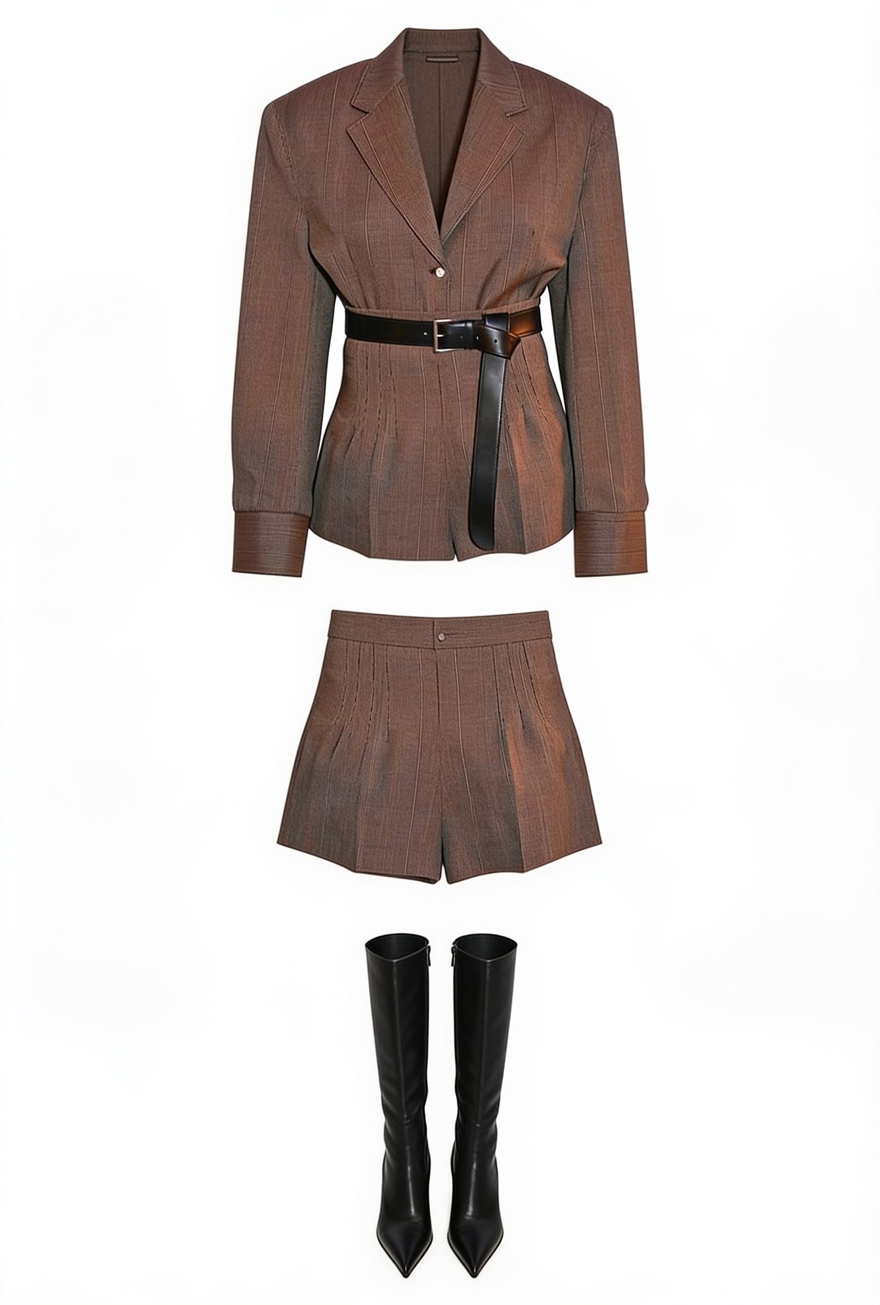 Brown belted blazer and shorts with knee-high boots