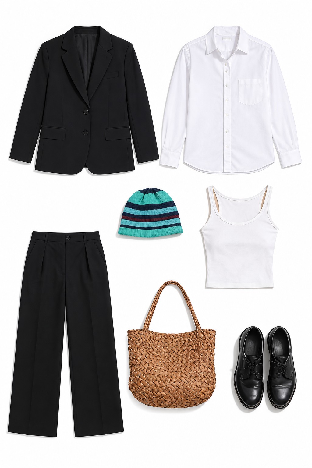 Black jacket and relaxed trousers