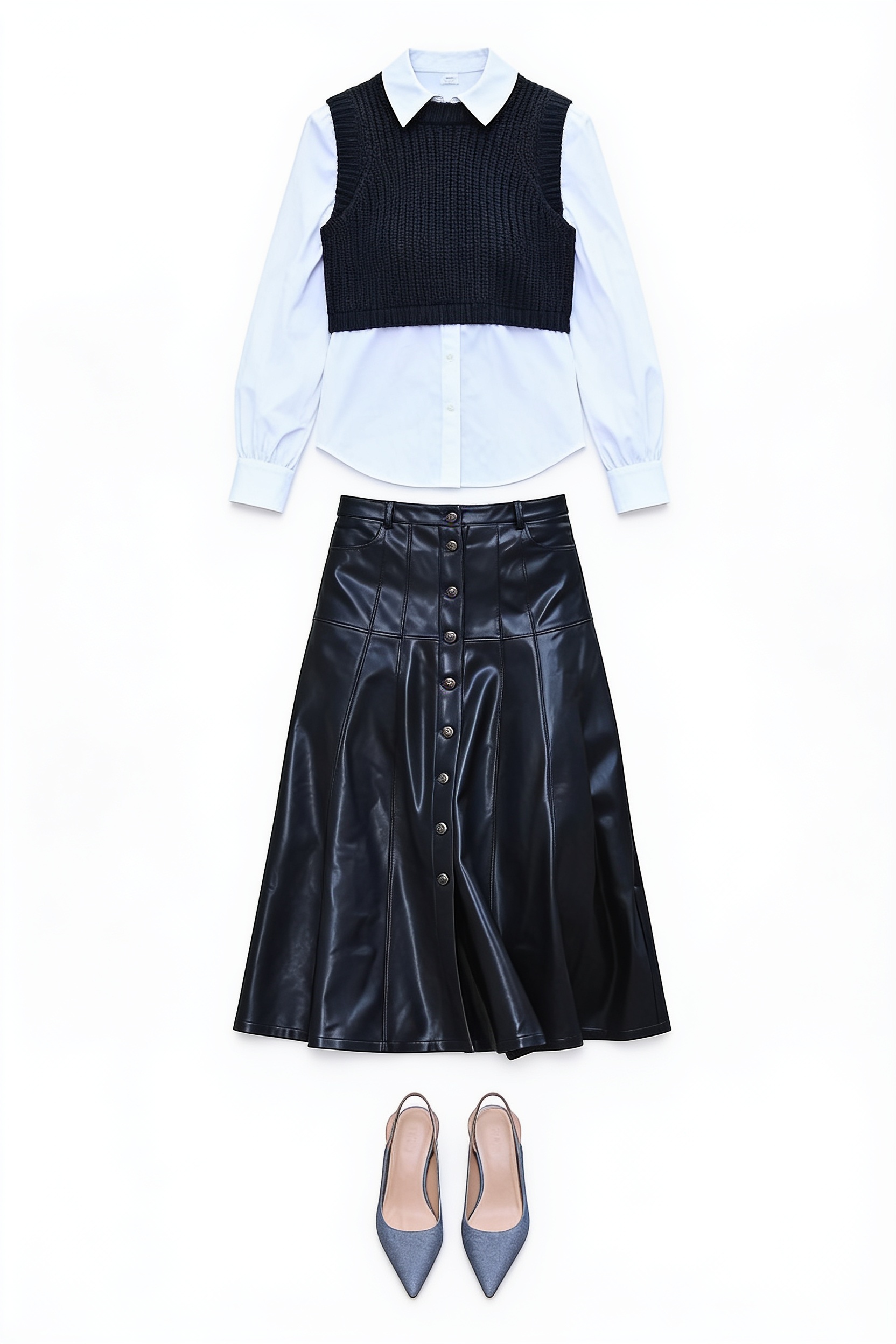 Black sweater vest, white shirt and leather midi skirt