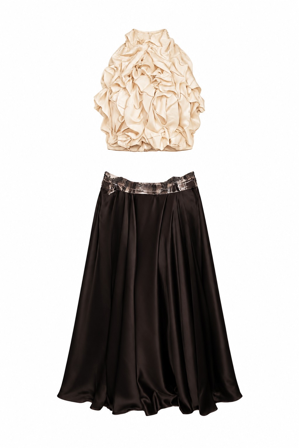 Ivory ruffle halter top and black maxi skirt