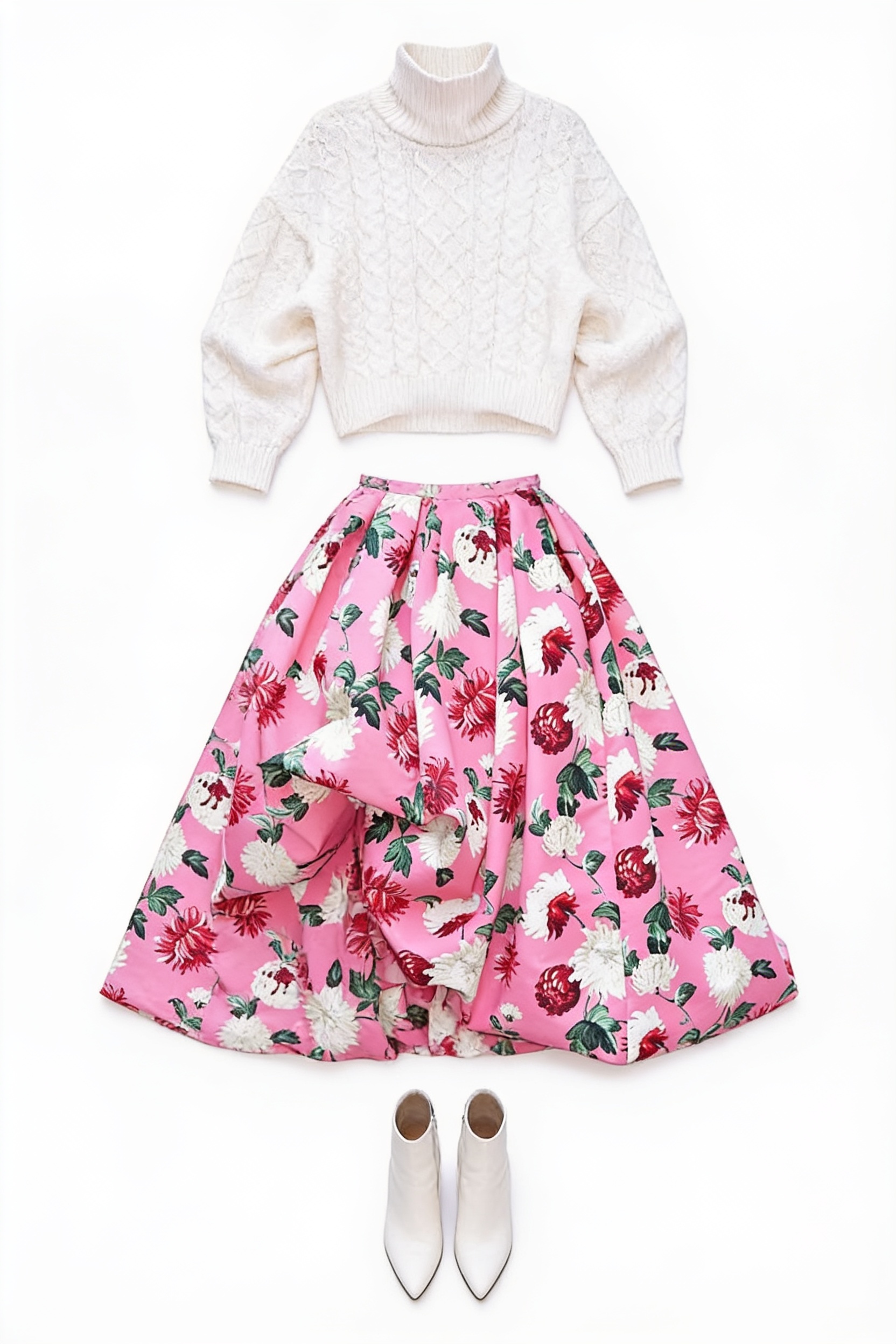 White graphic sweatshirt and pink floral ball skirt