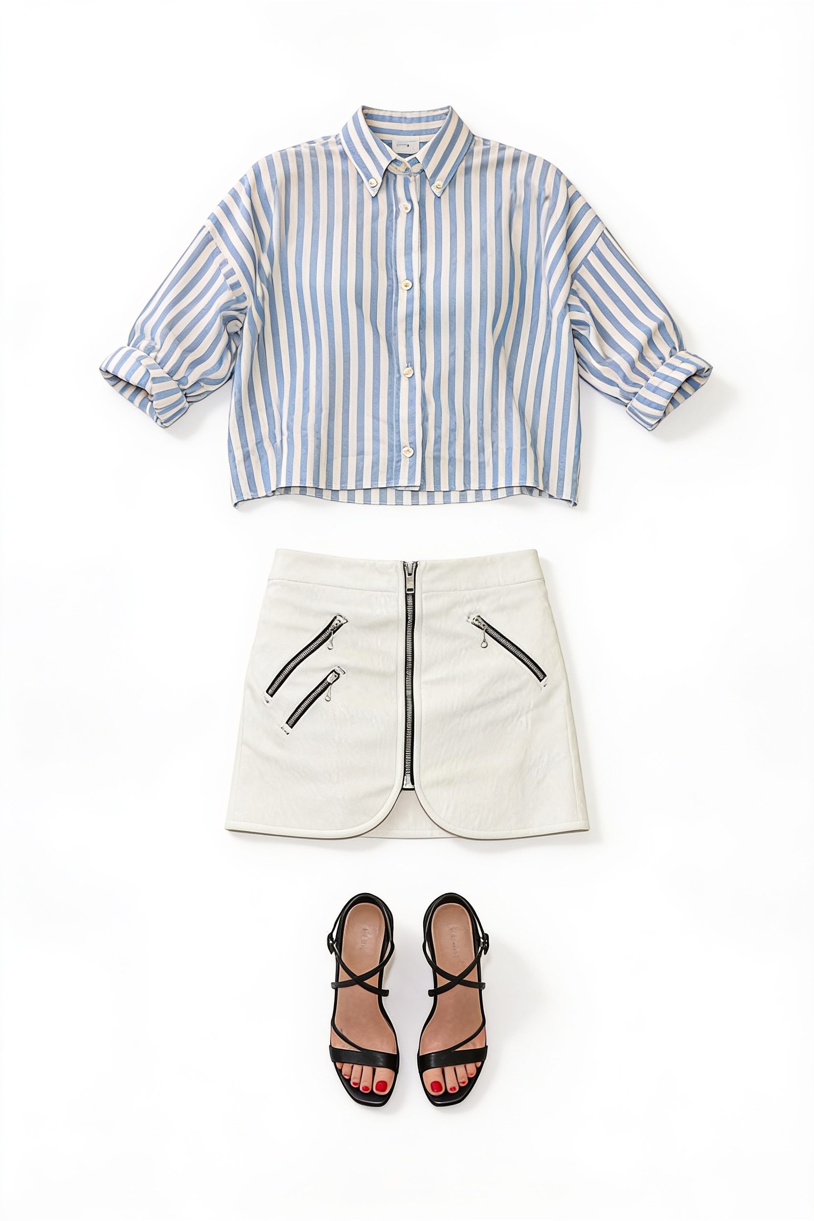 Striped short-sleeve top and cream zip mini skirt