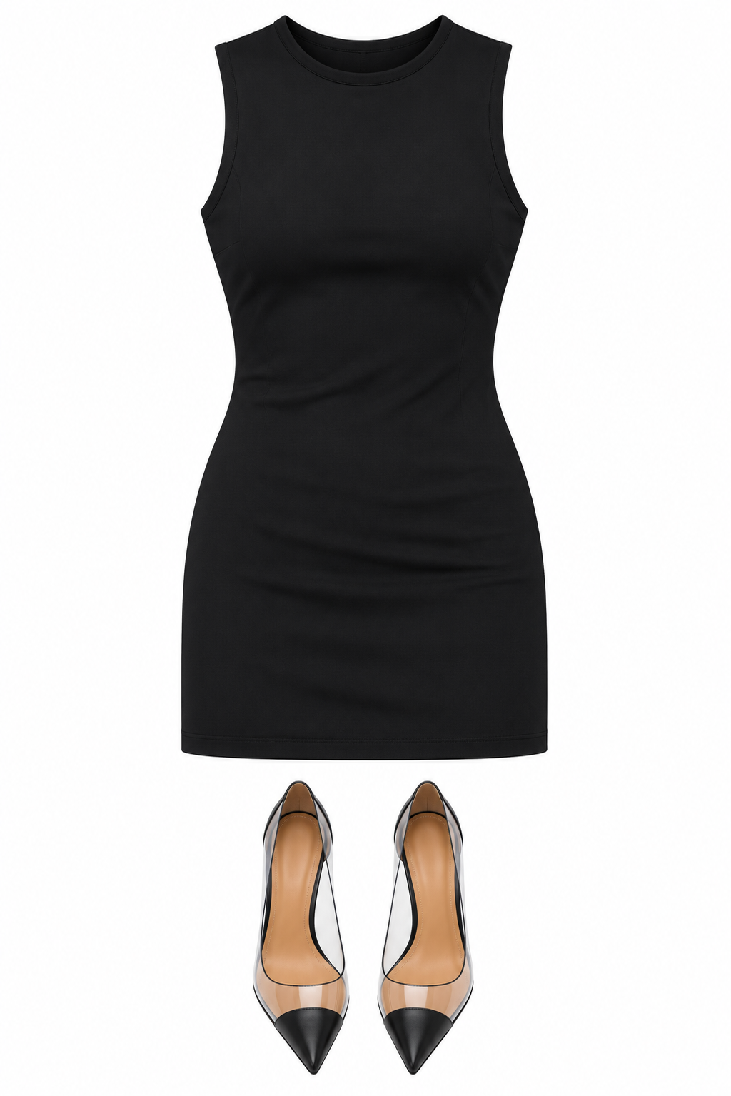 Black sleeveless mini dress and transparent cap-toe pumps