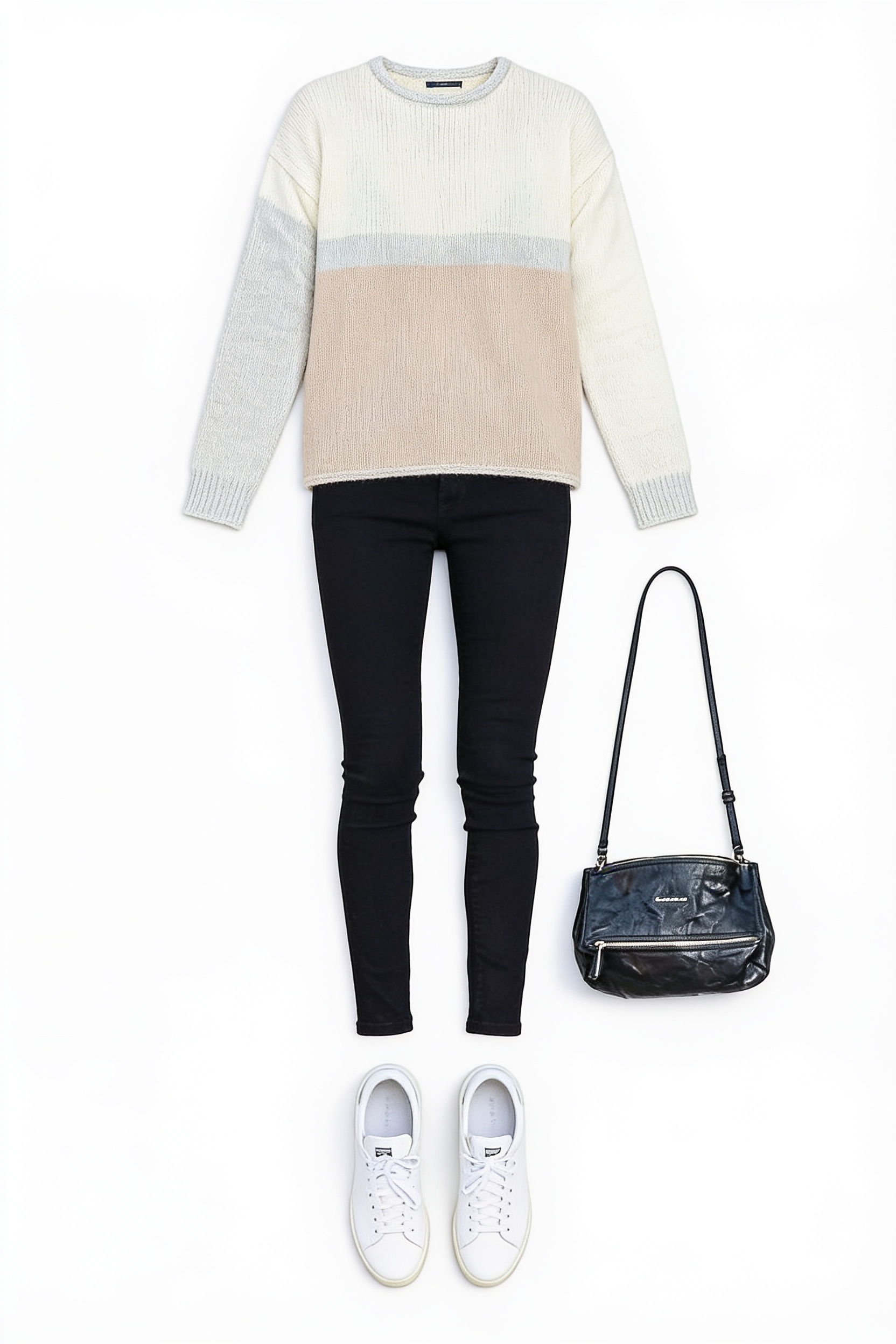 Cream sweater and black skinny jeans