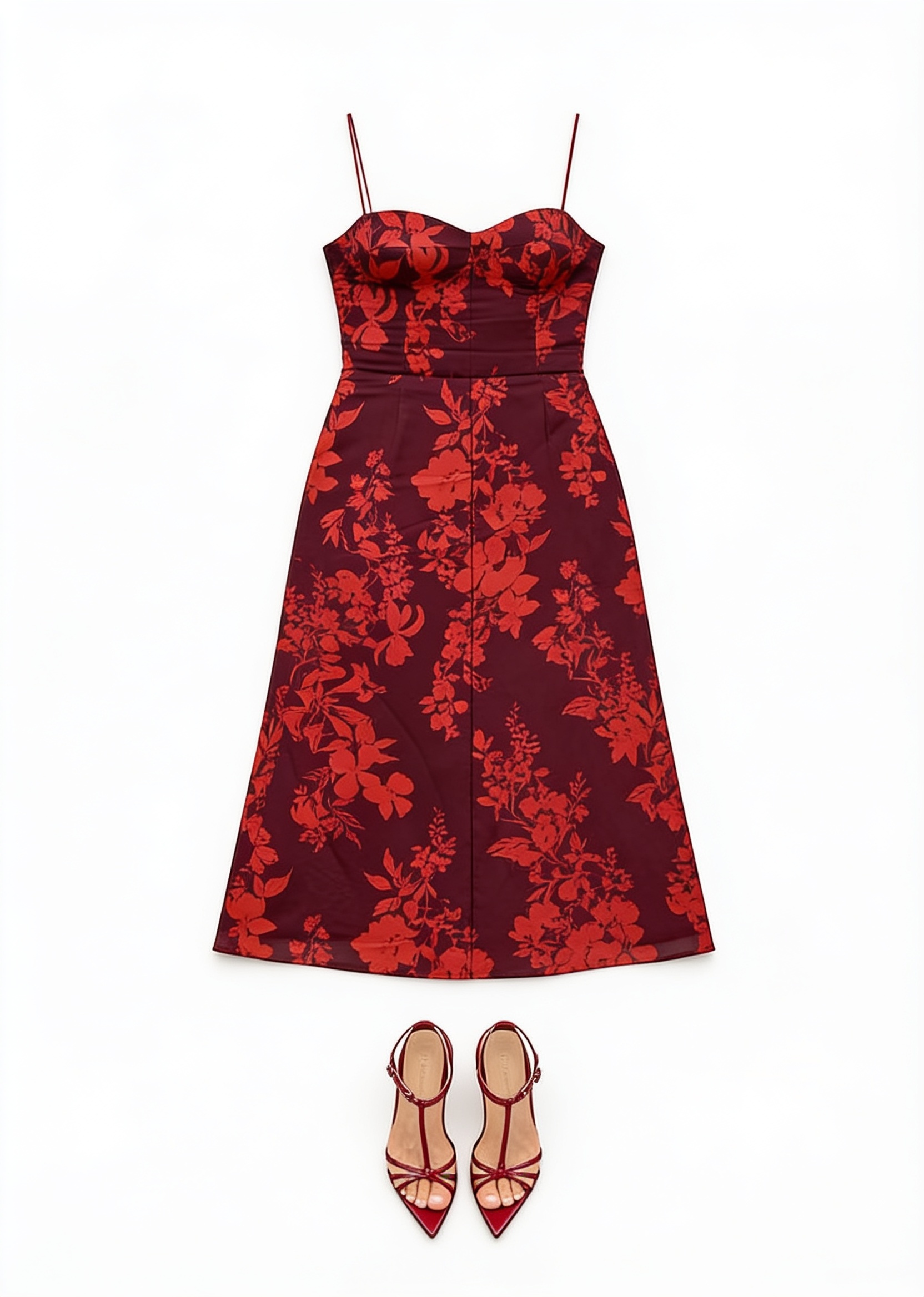 Burgundy floral slip dress and strappy sandals