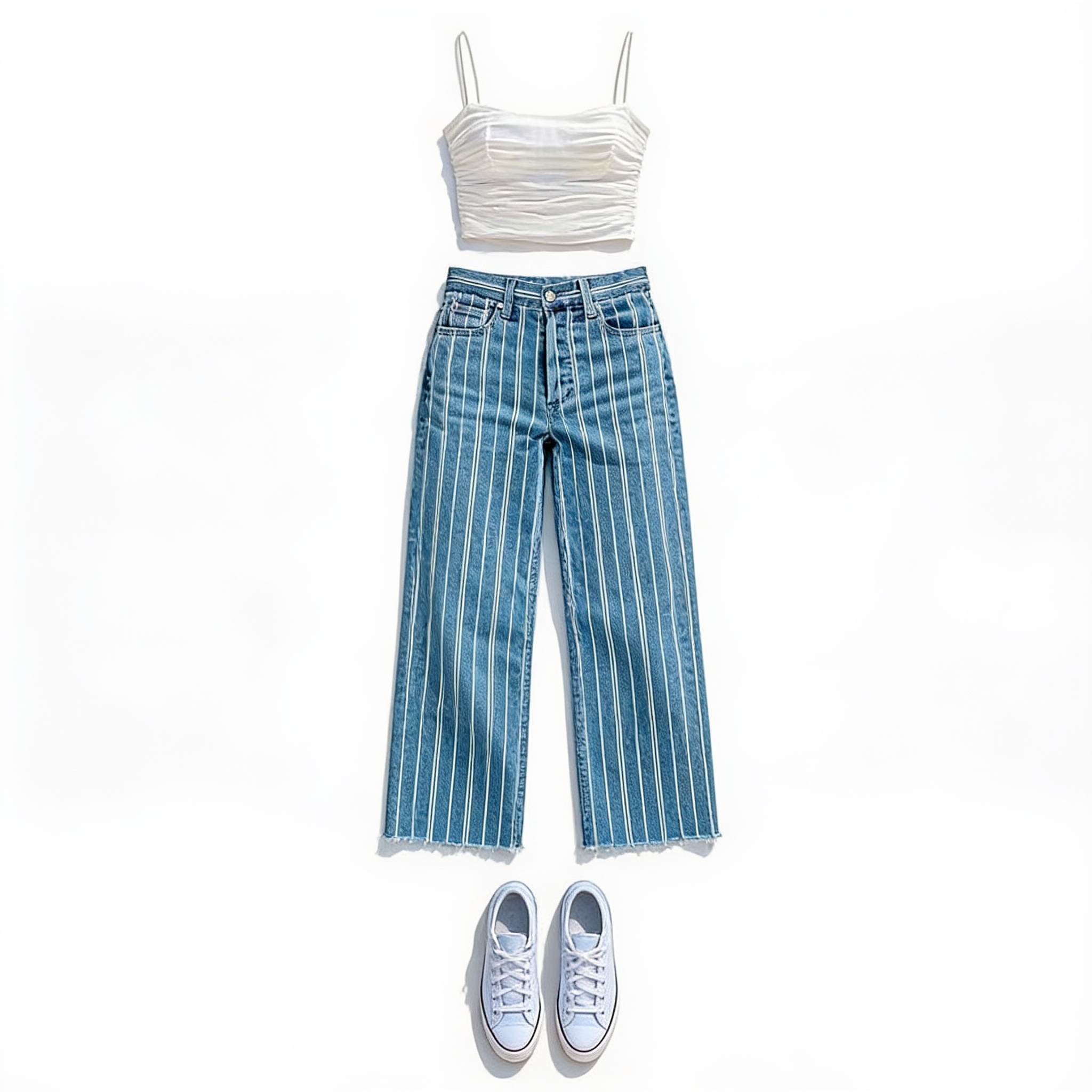 White cropped camisole and checked wide-leg trousers