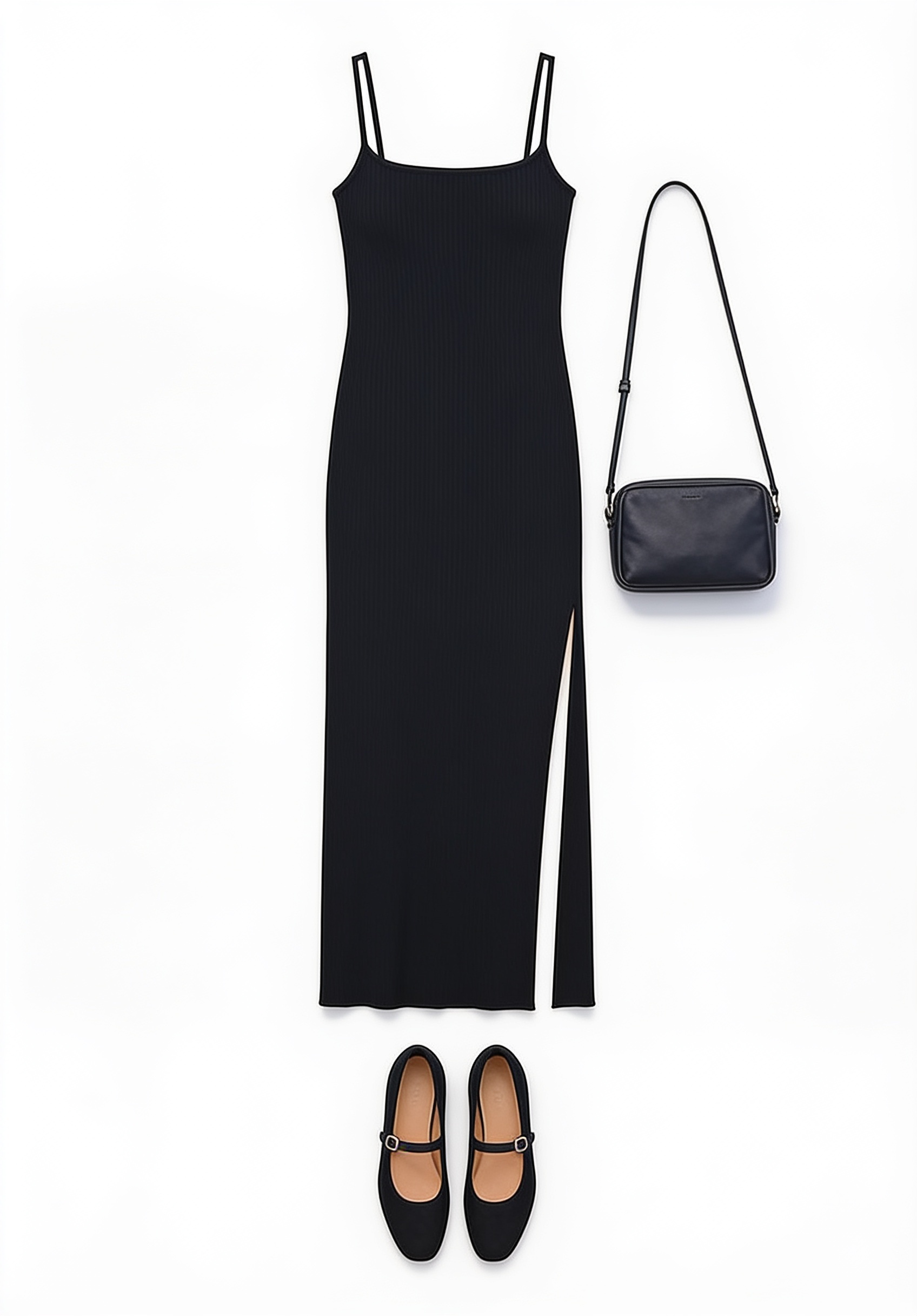 Black split maxi dress and ballet flats