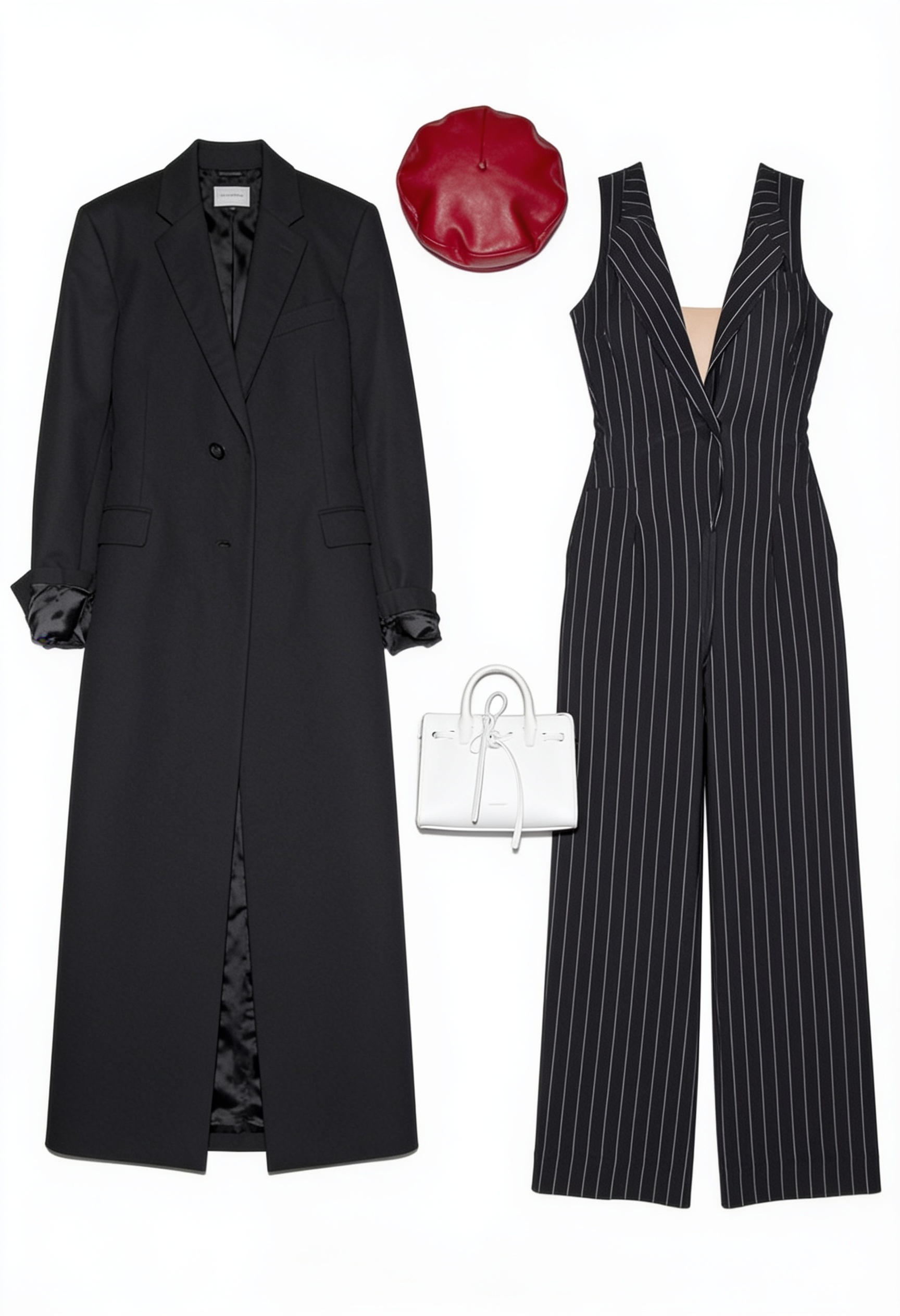 Black pinstripe jumpsuit and oversized coat