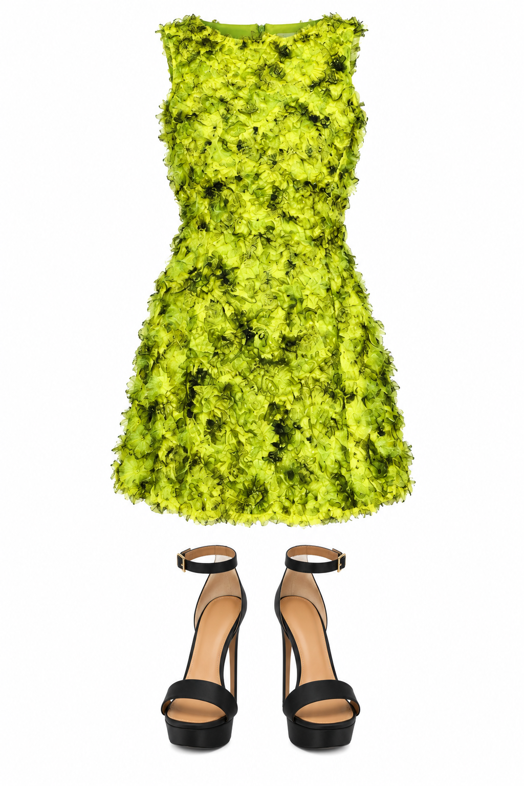 Lime floral-applique mini dress