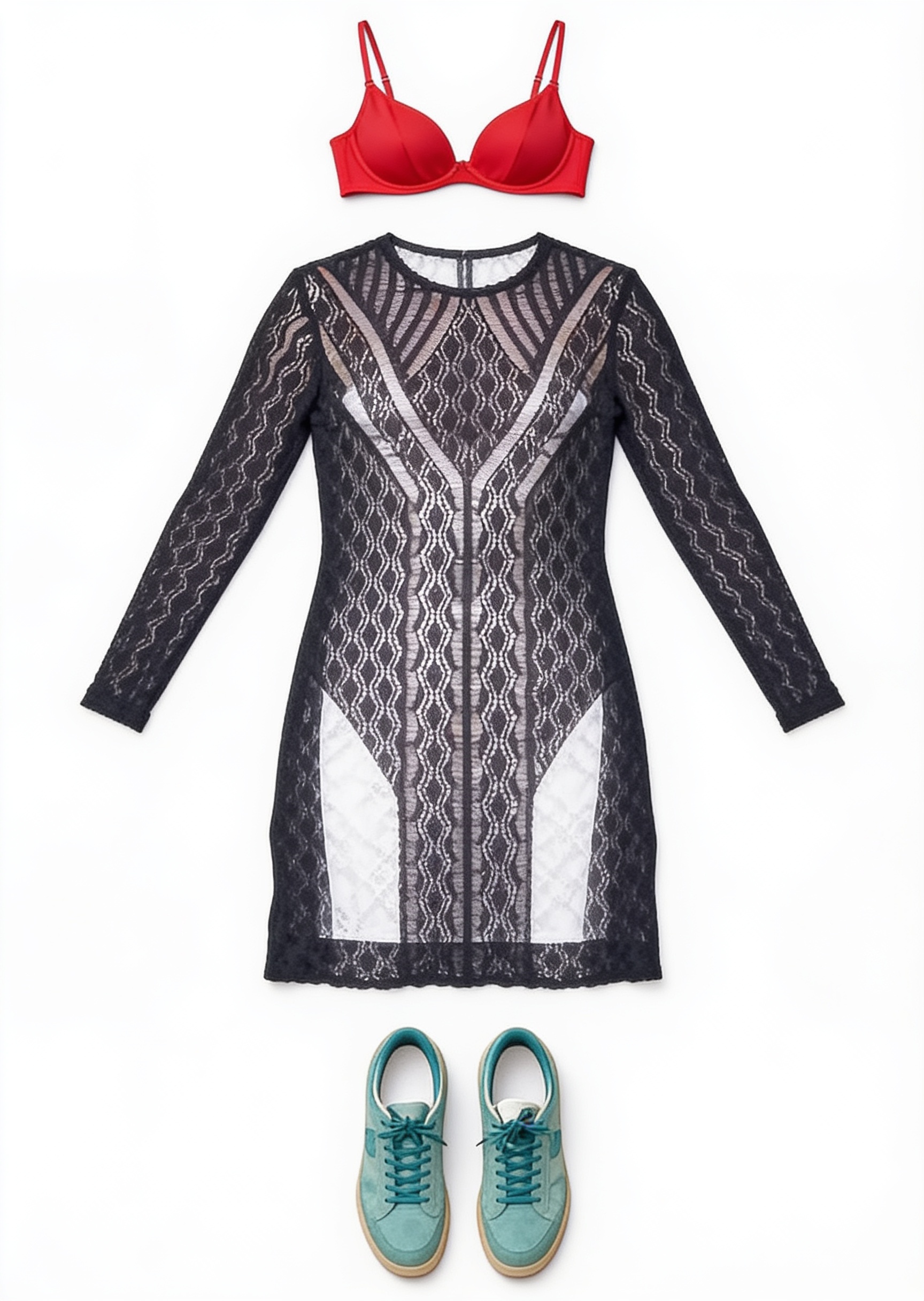 Black open-knit mini dress and trainers
