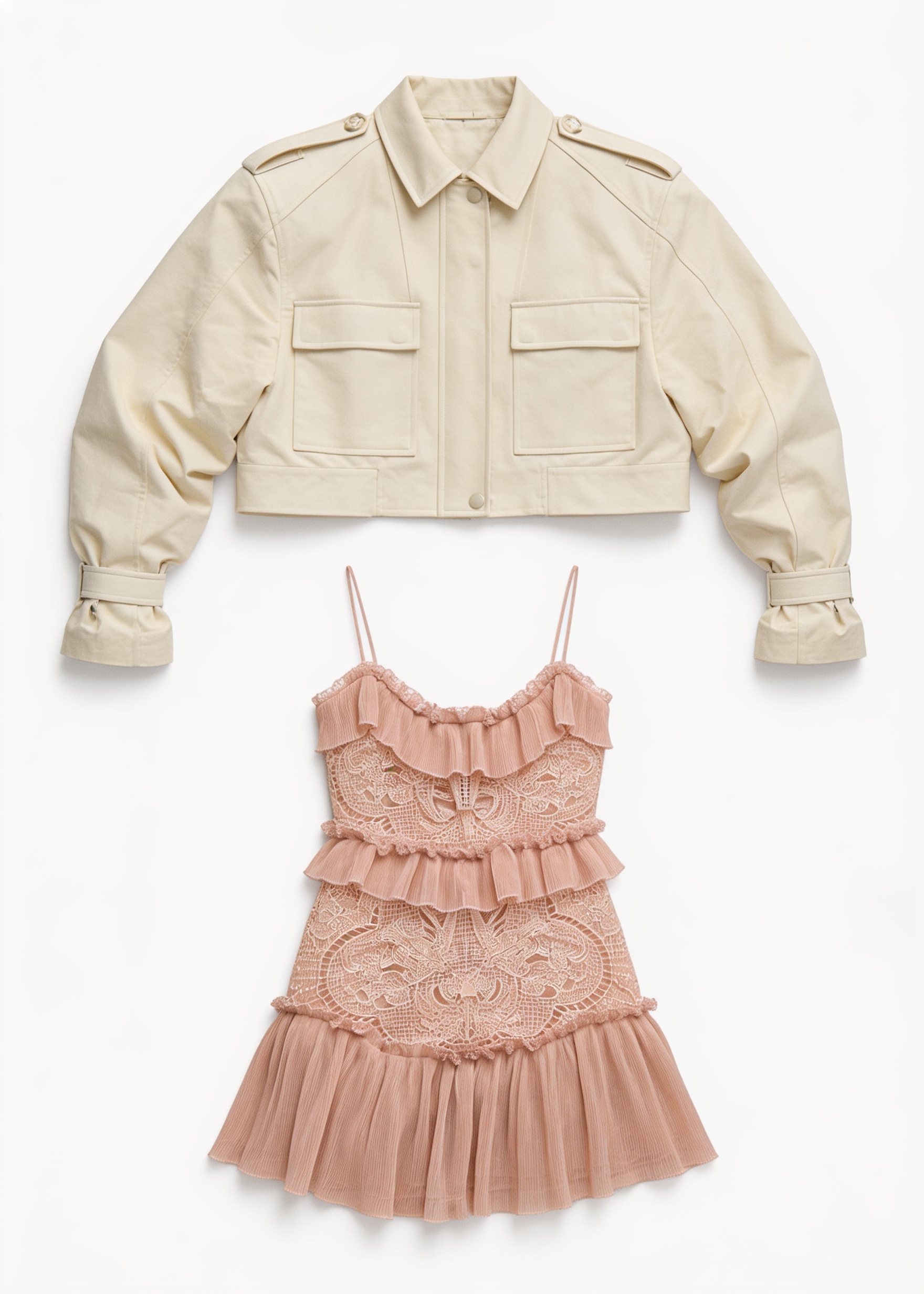 Ivory cropped jacket and blush ruffle mini dress