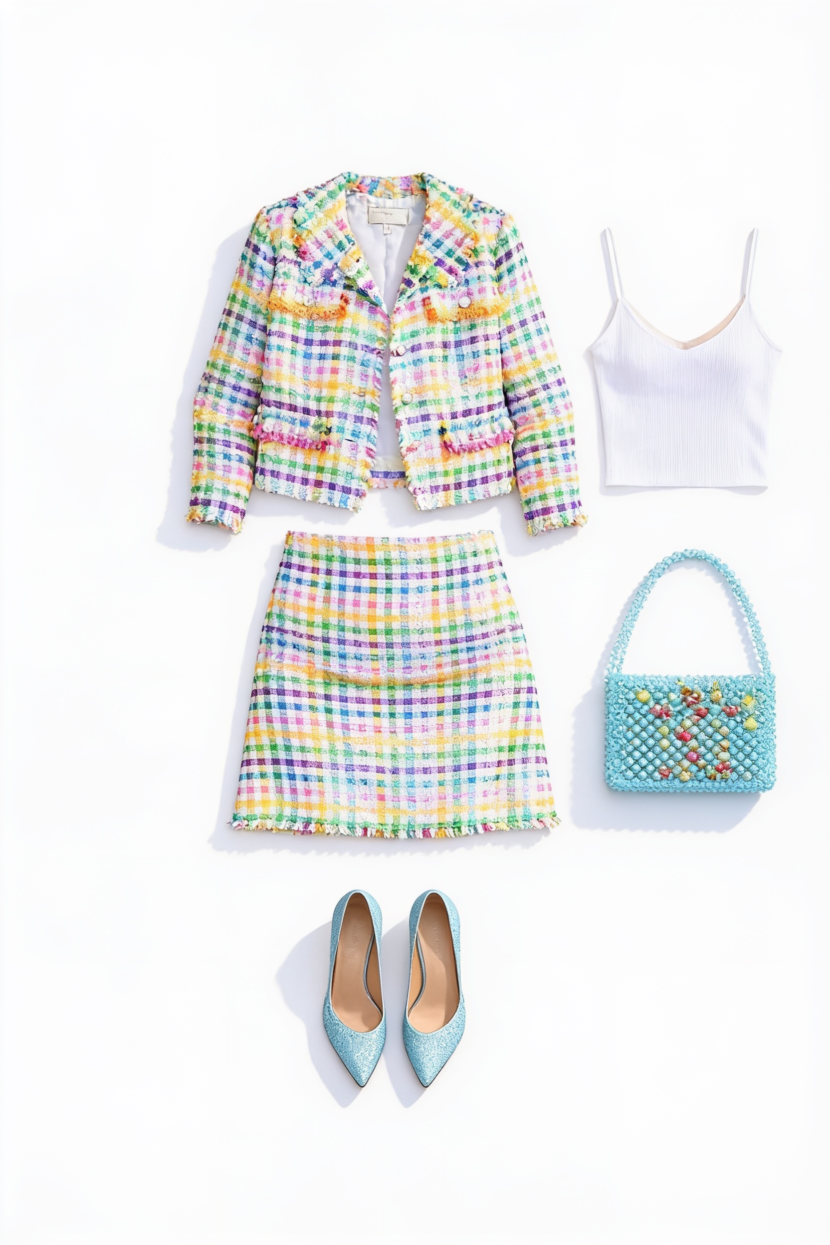 Multicolour tweed mini skirt suit