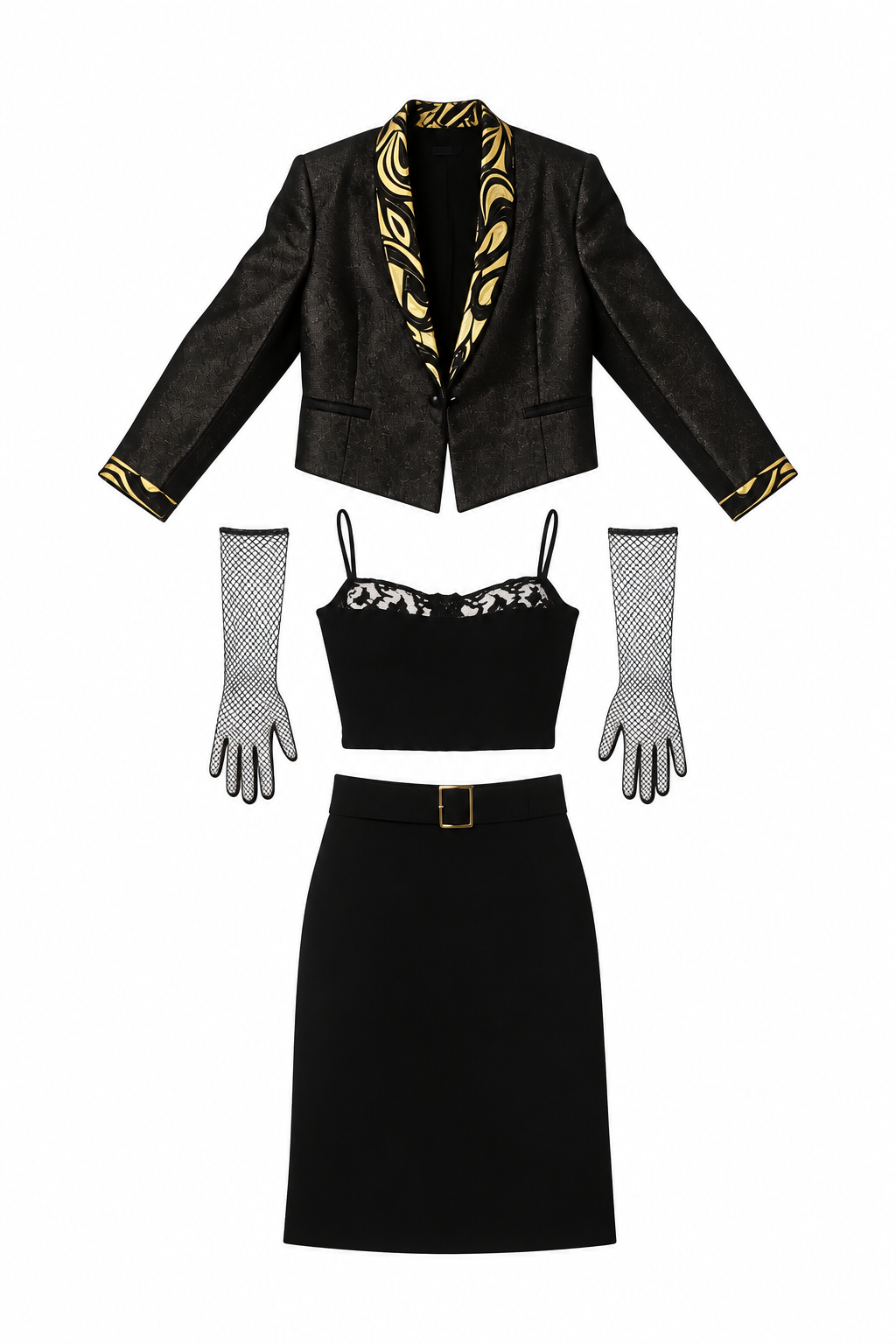 Black jacket, bustier and midi skirt