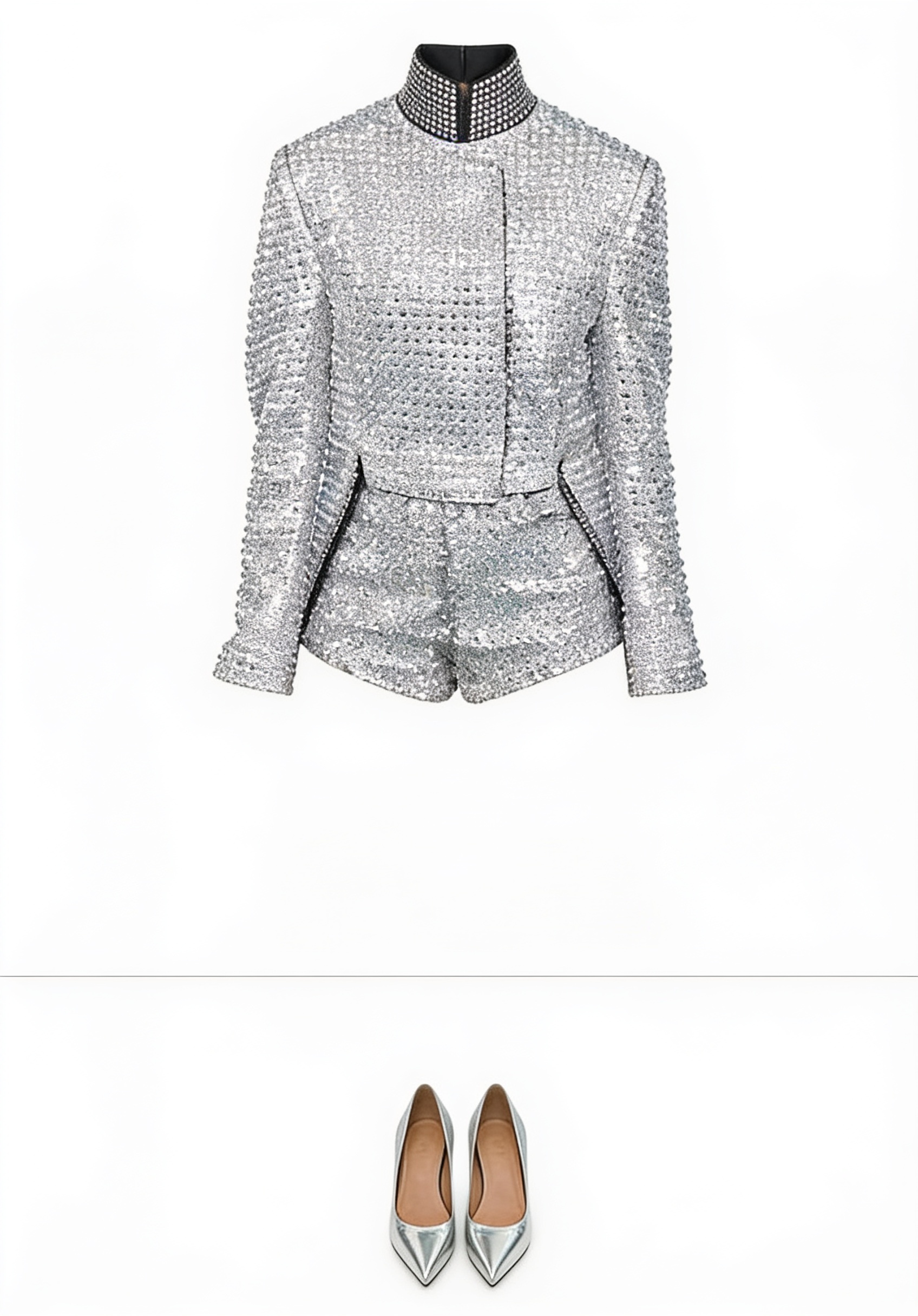 Silver sequined long-sleeve playsuit