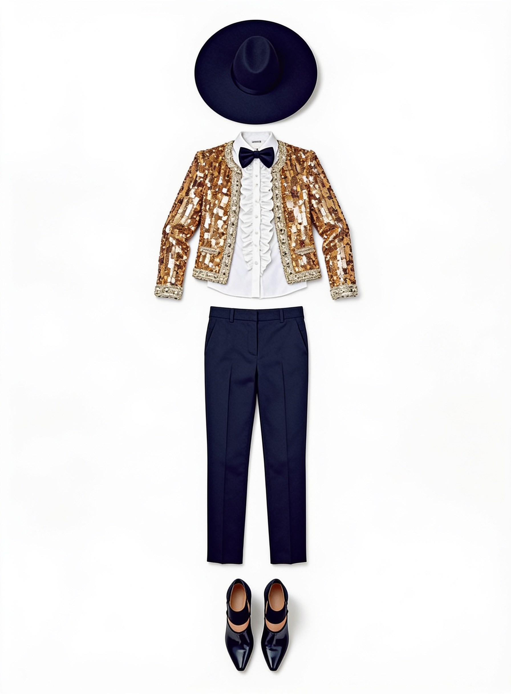 Gold sequin jacket and black trousers