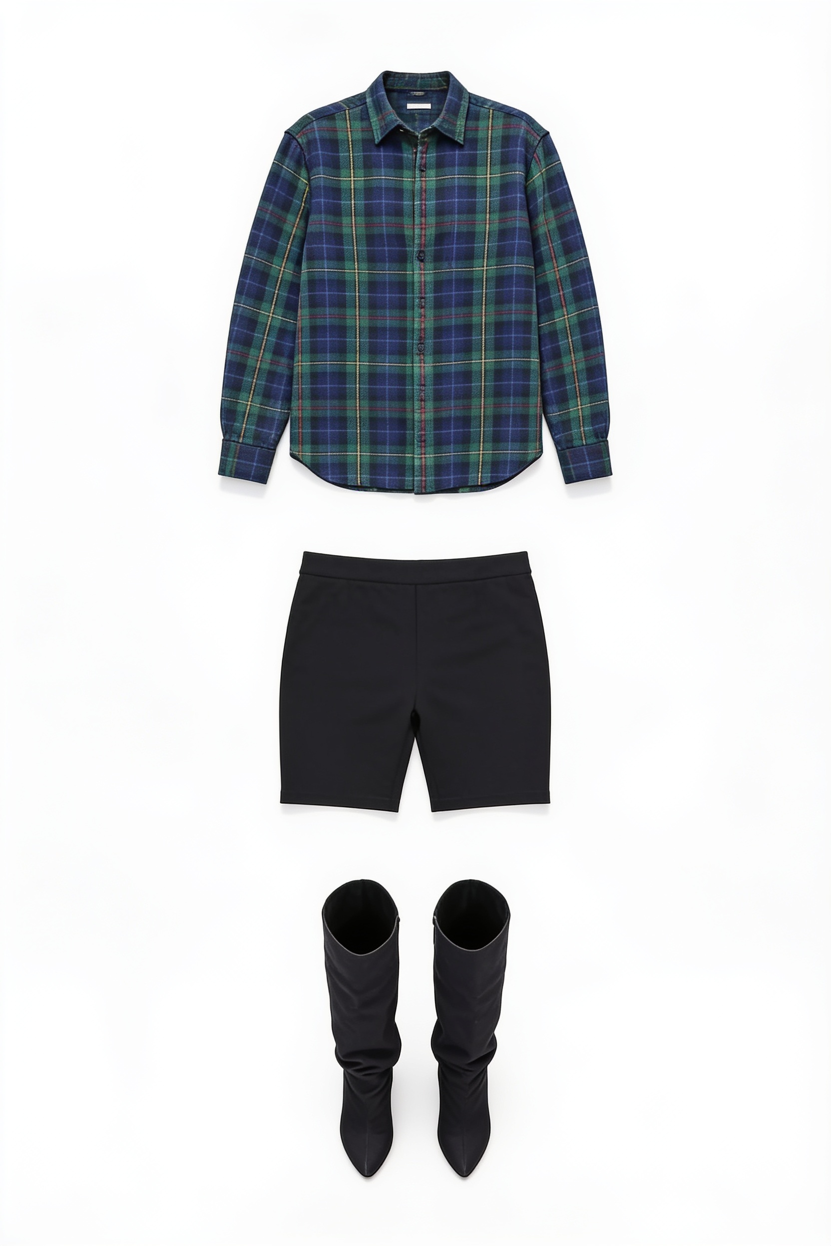 Green plaid shirt dress and over-knee boots